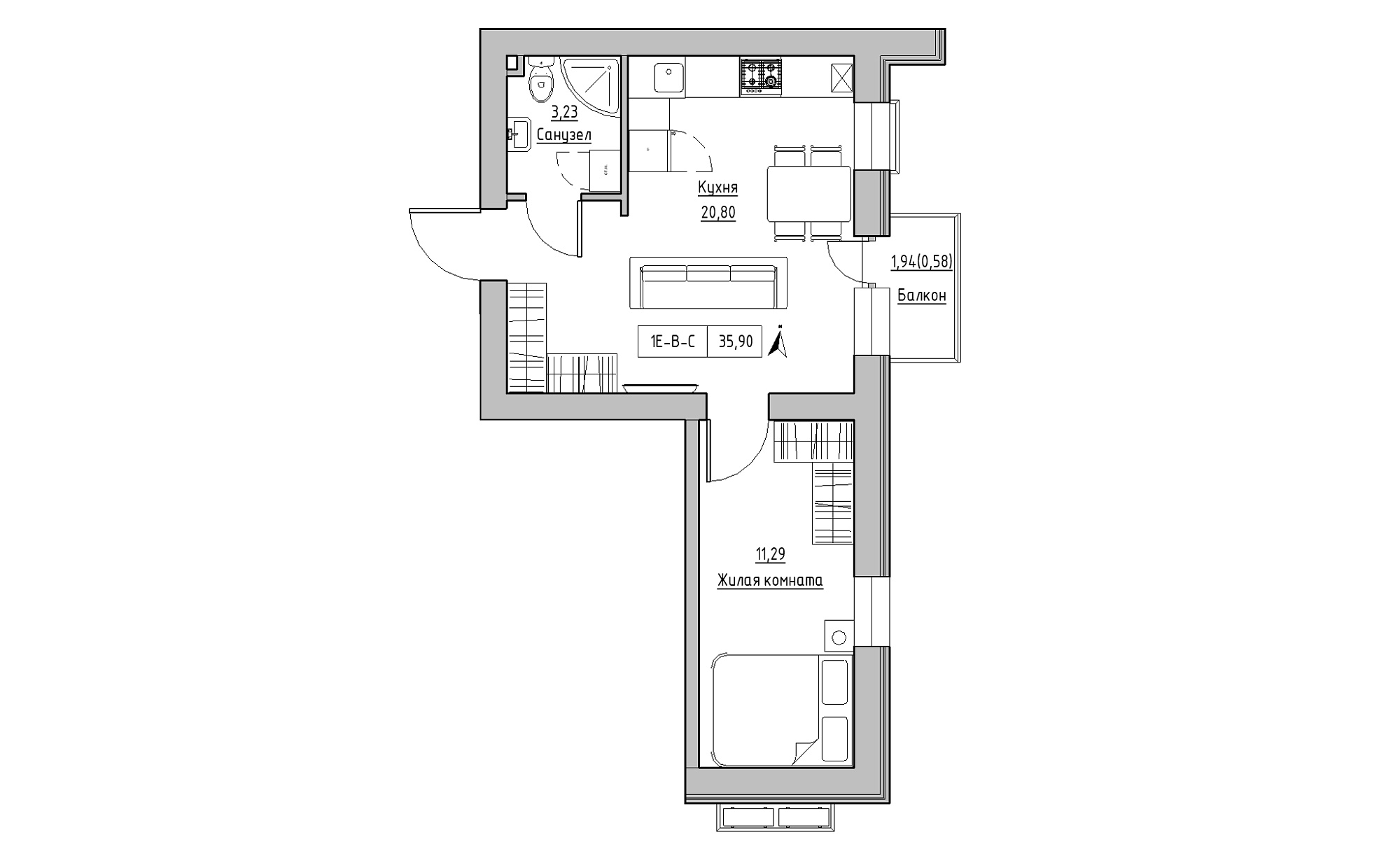 Планування 1-к квартира площею 35.9м2, KS-023-02/0008.