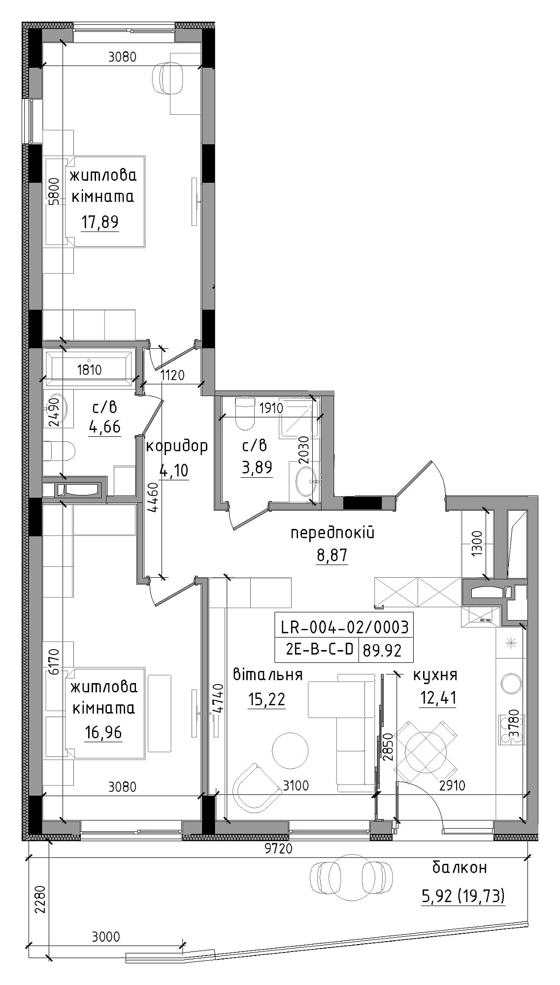 Планировка 2-к квартира площей 89.92м2, LR-004-02/0003.