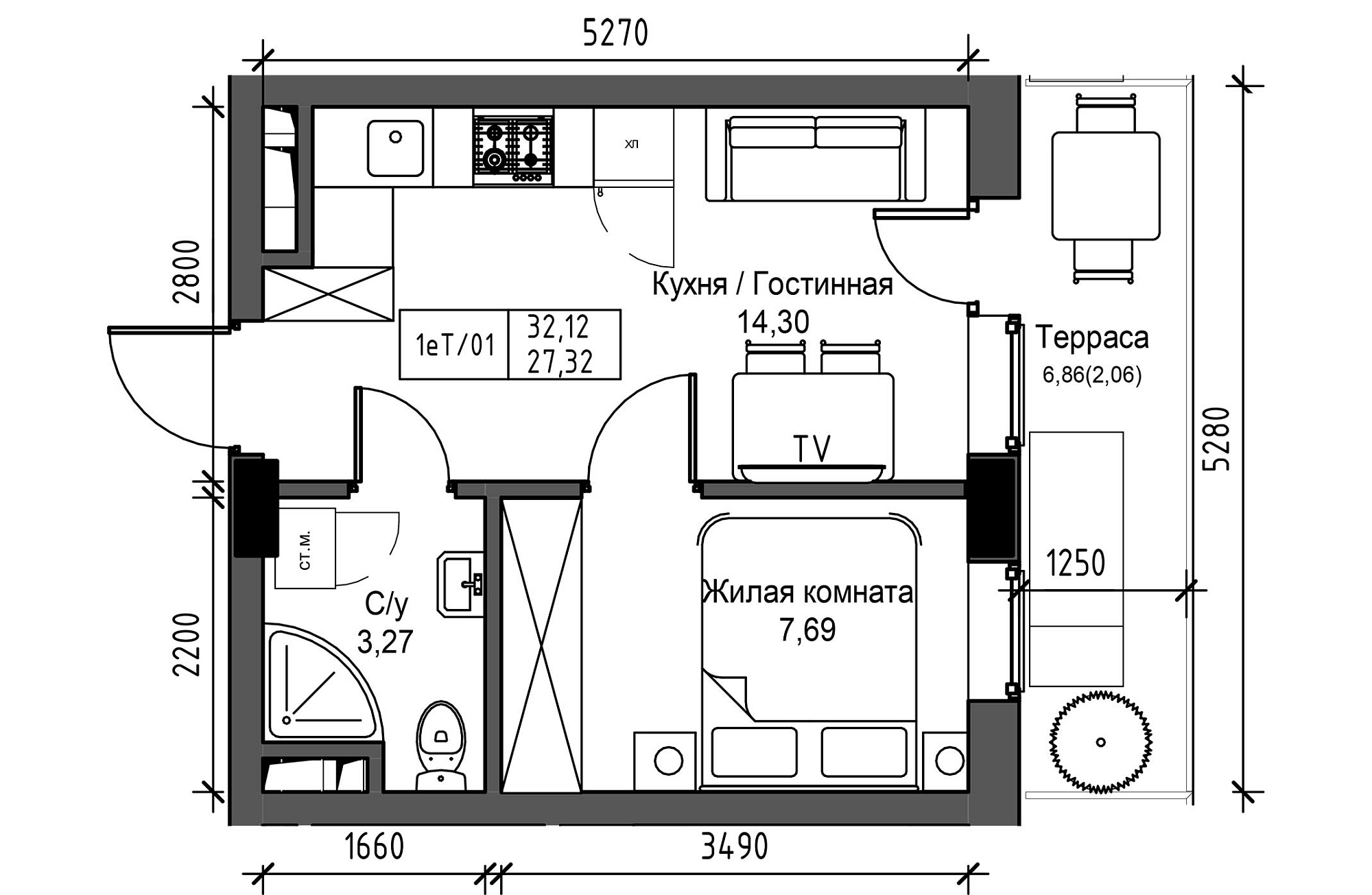 Планування 1-к квартира площею 27.32м2, UM-003-08/0081.