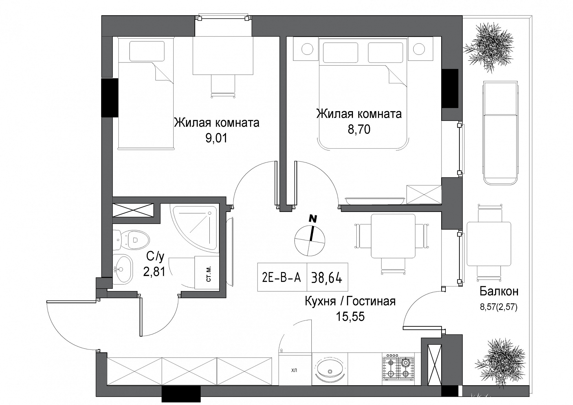 Planning 2-rm flats area 38.64m2, UM-004-07/0005.