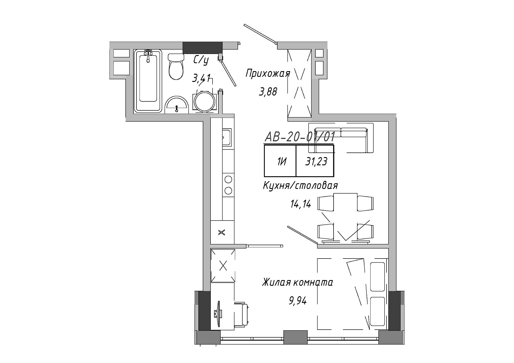 Планировка 1-к квартира площей 31.23м2, AB-20-01/00001.