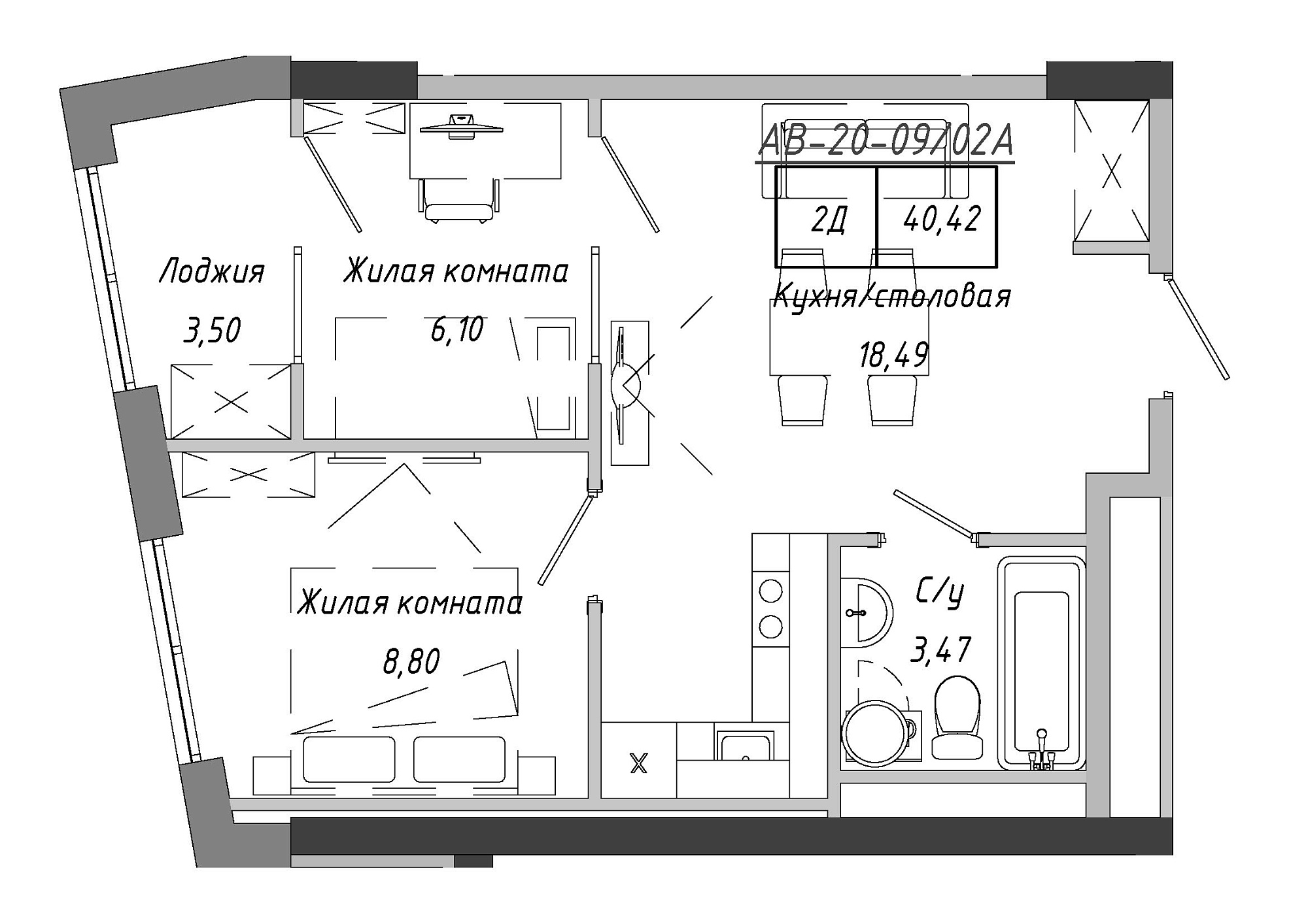 Планировка 2-к квартира площей 41.9м2, AB-20-09/0002а.