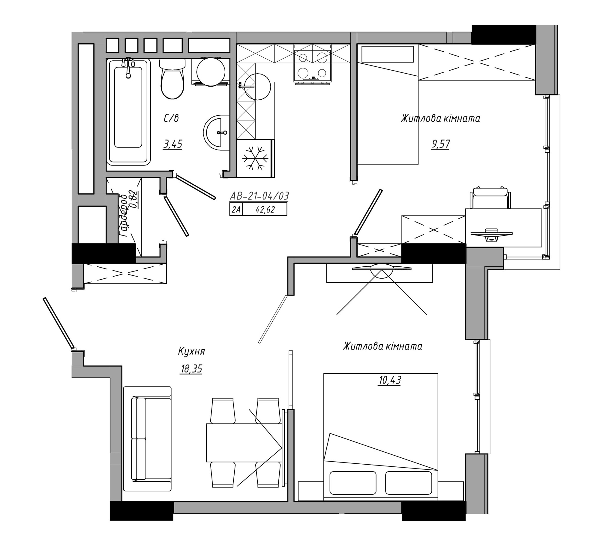 Планування 2-к квартира площею 42.62м2, AB-21-04/00003.