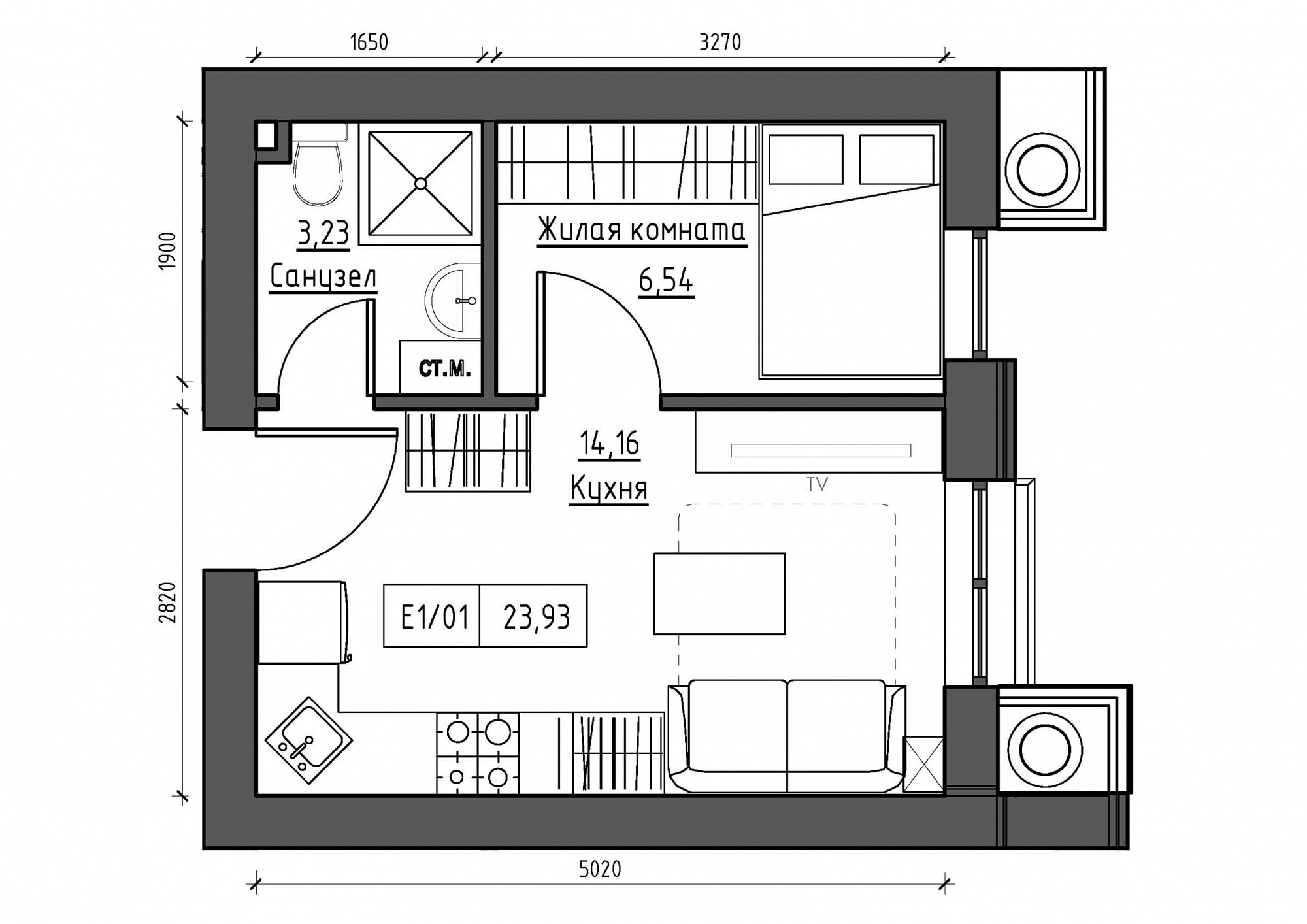 Planning 1-rm flats area 23.93m2, KS-011-02/0004.