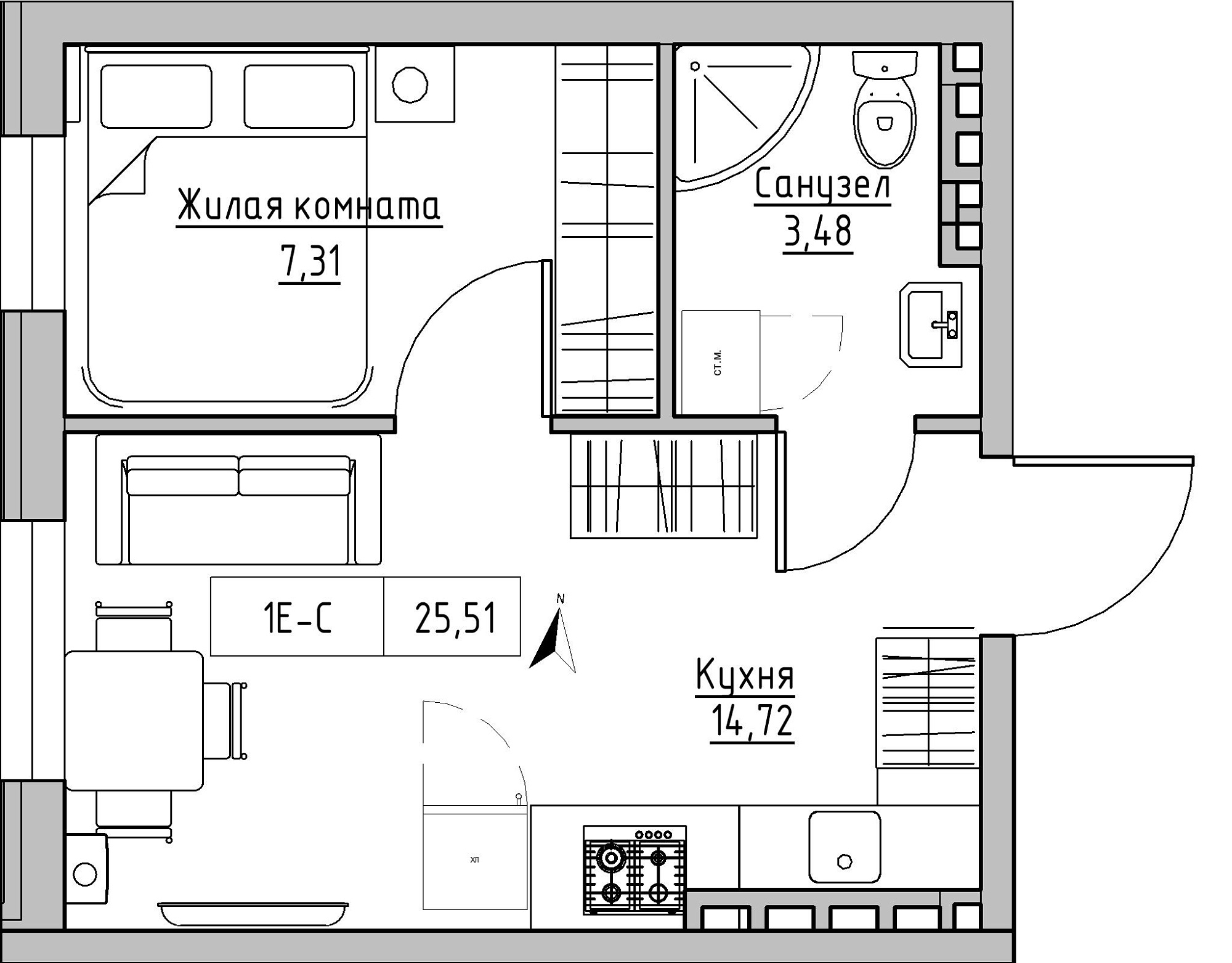 Планировка 1-к квартира площей 25.51м2, KS-024-05/0015.