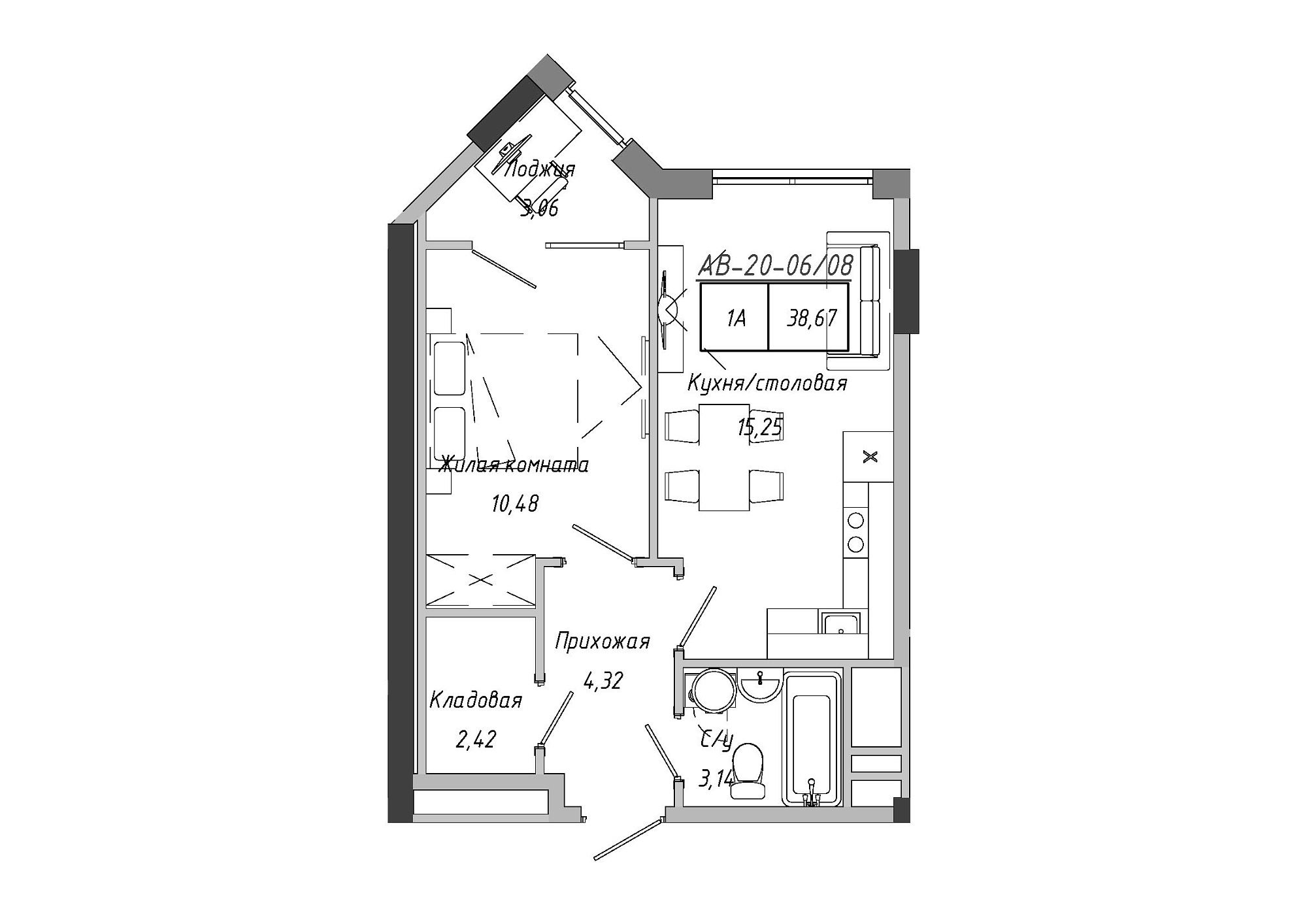 Планировка 1-к квартира площей 38.85м2, AB-20-06/00008.