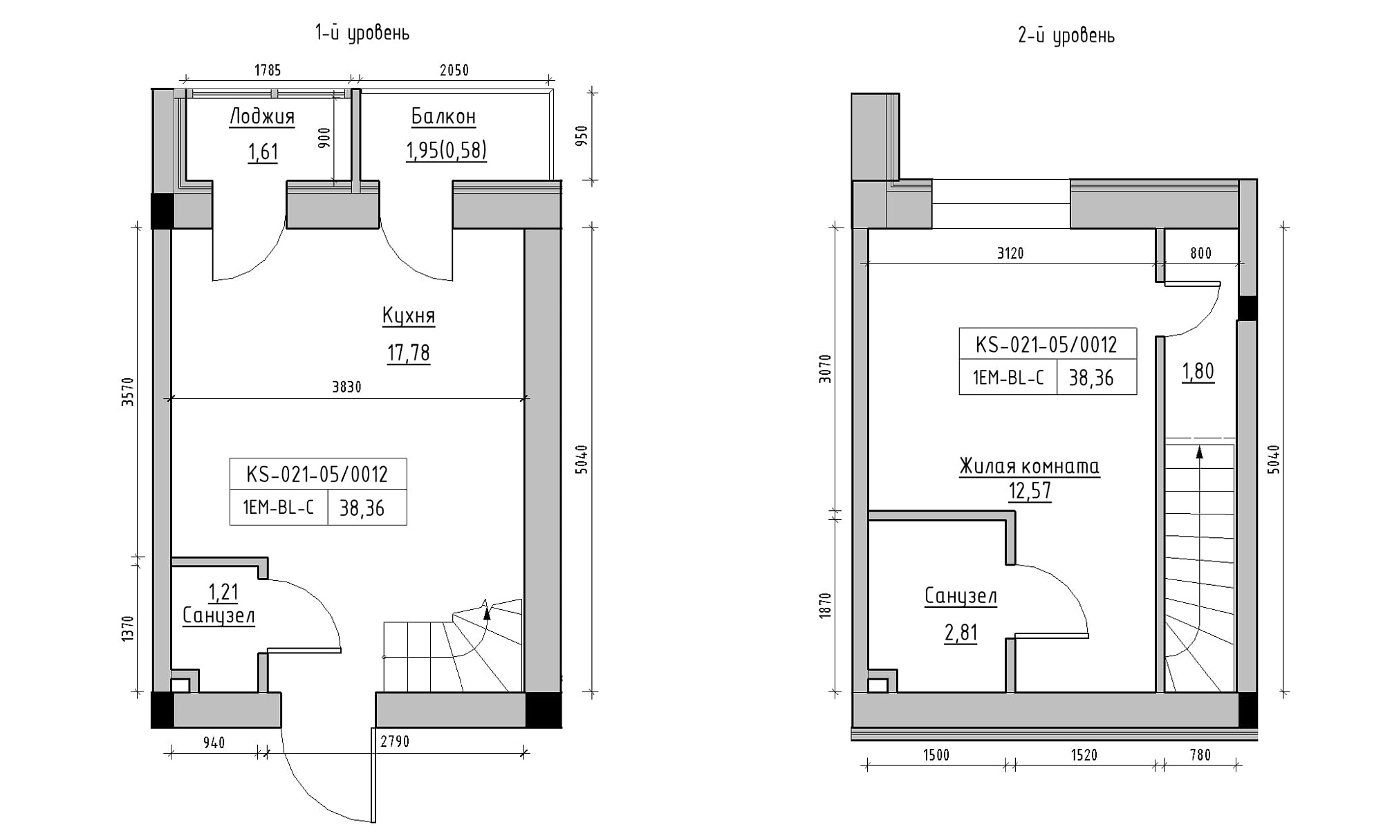 Planning 2-lvl flats area 38.36m2, KS-021-05/0012.
