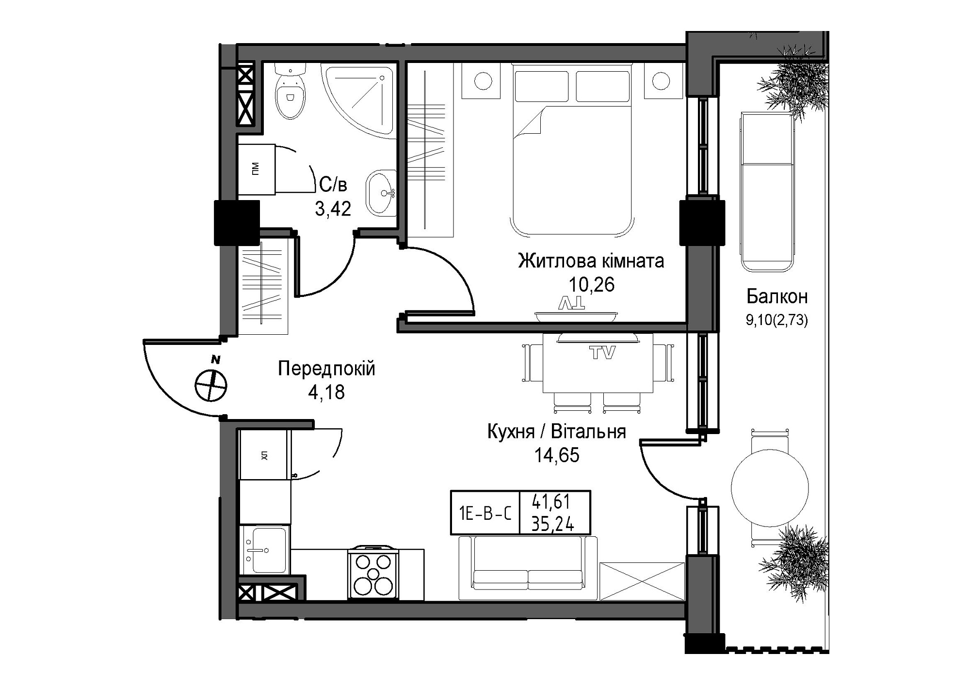 Планування 1-к квартира площею 35.24м2, UM-007-09/0004.