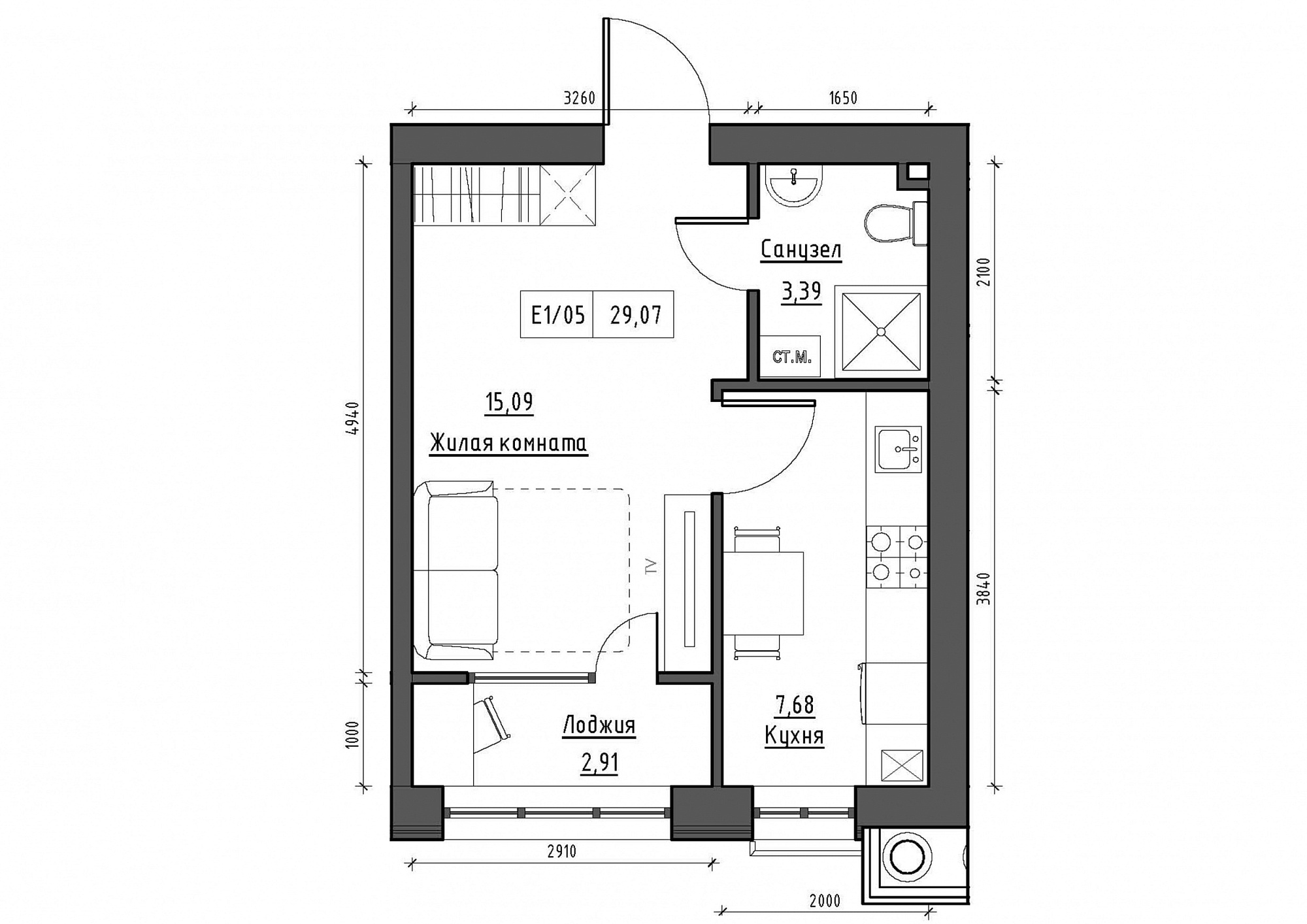 Планування 1-к квартира площею 29.07м2, KS-011-03/0009.