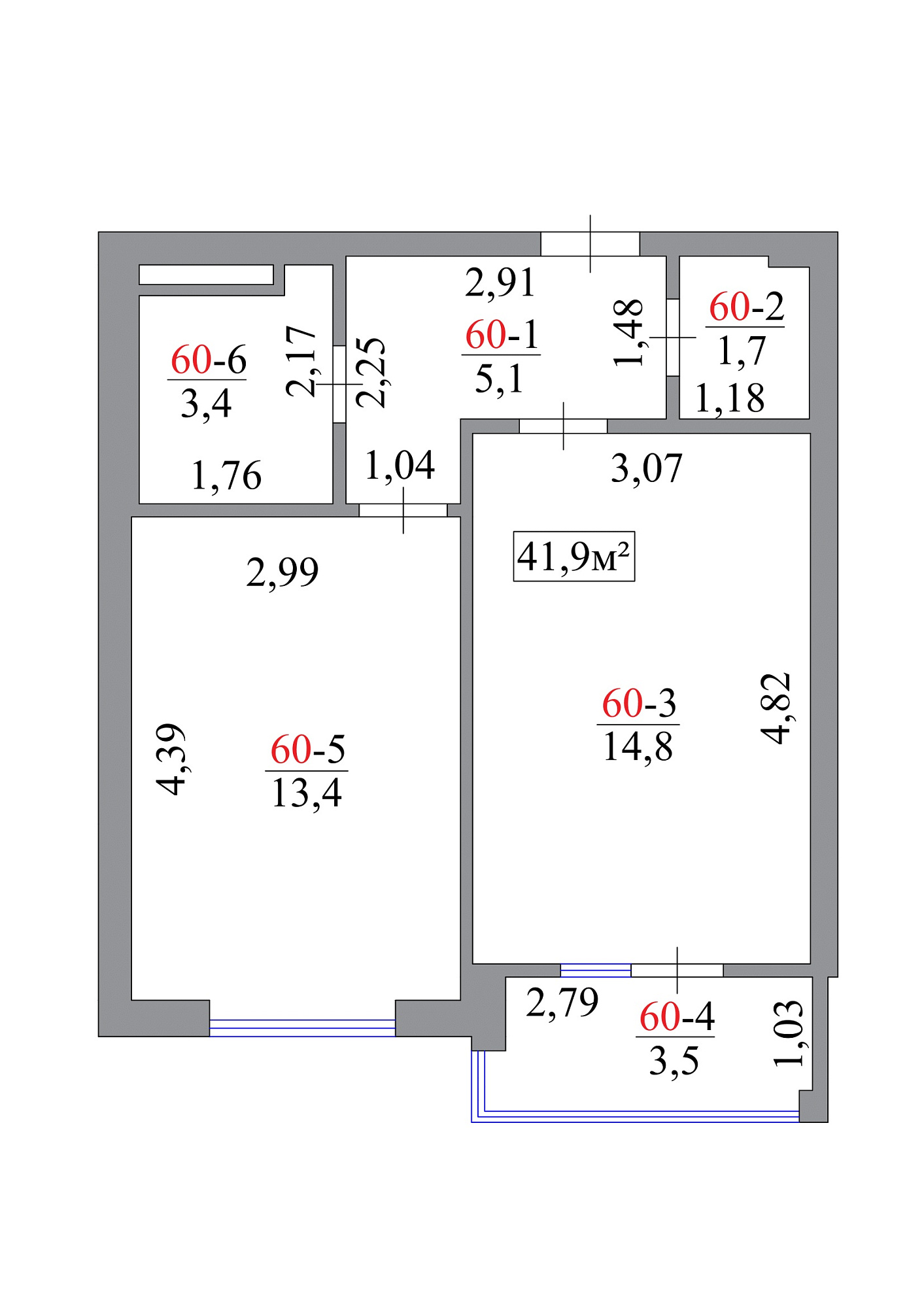 Планировка 1-к квартира площей 41.9м2, AB-07-06/00054.