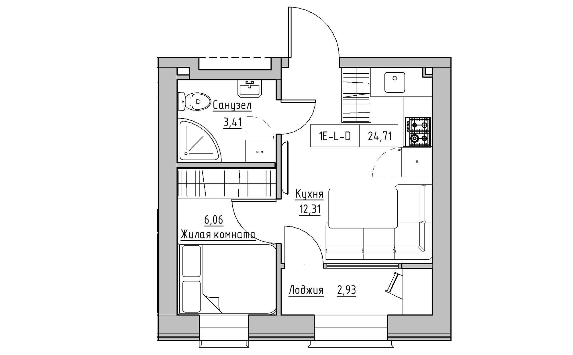 Planning 1-rm flats area 24.71m2, KS-022-05/0002.