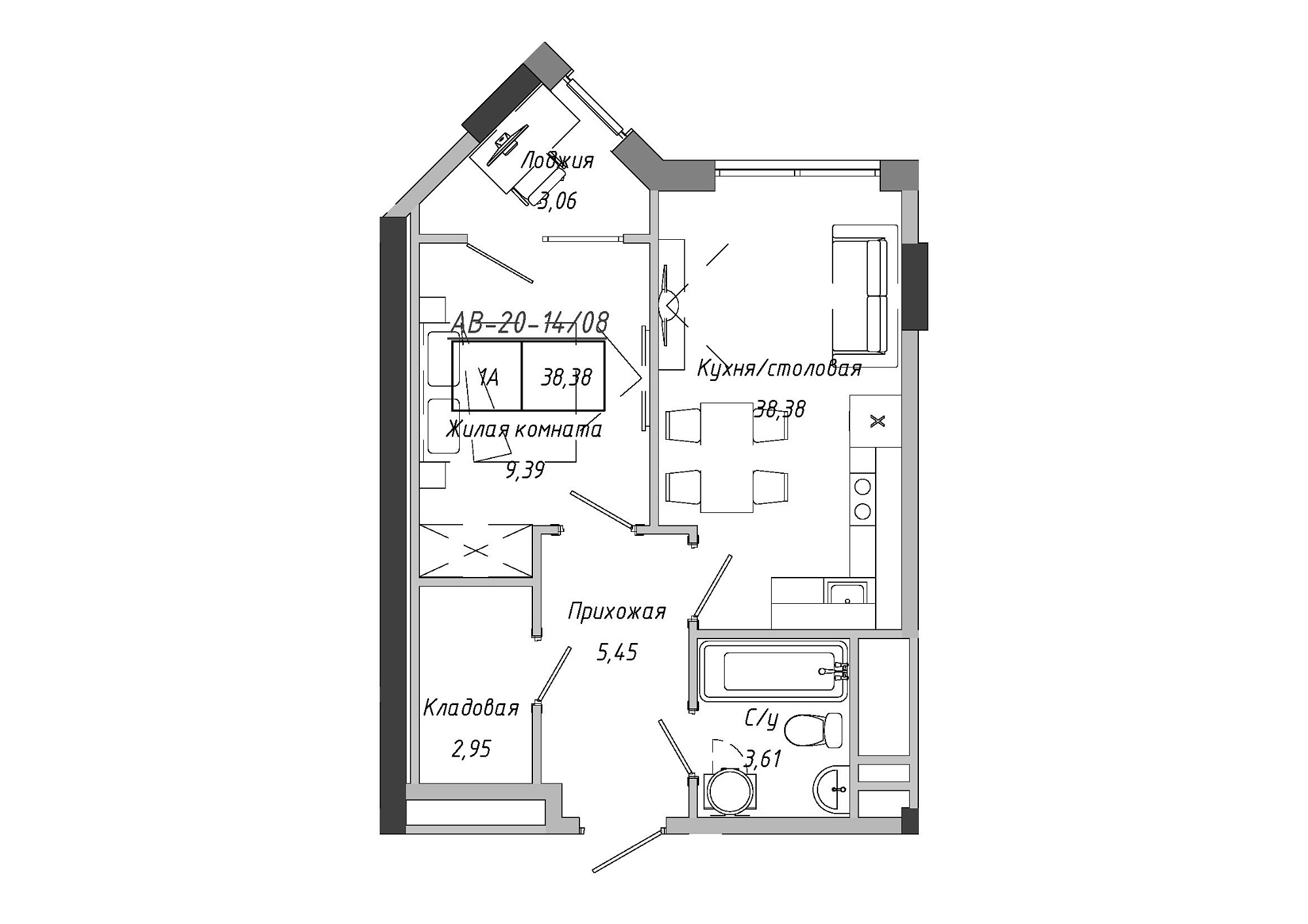 Планування 1-к квартира площею 38.38м2, AB-20-14/00108.