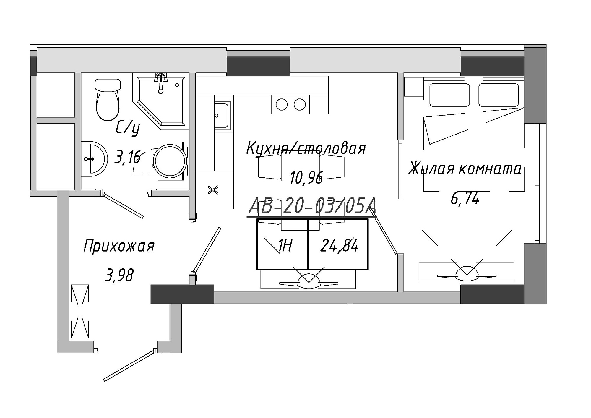 Planning 1-rm flats area 24.84m2, AB-20-03/0005а.
