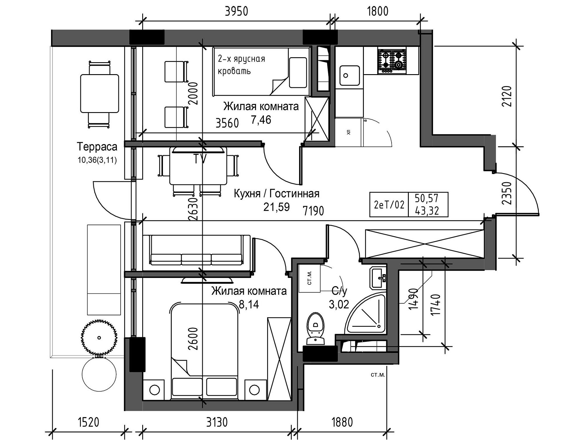 Planning 2-rm flats area 43.32m2, UM-003-09/0098.