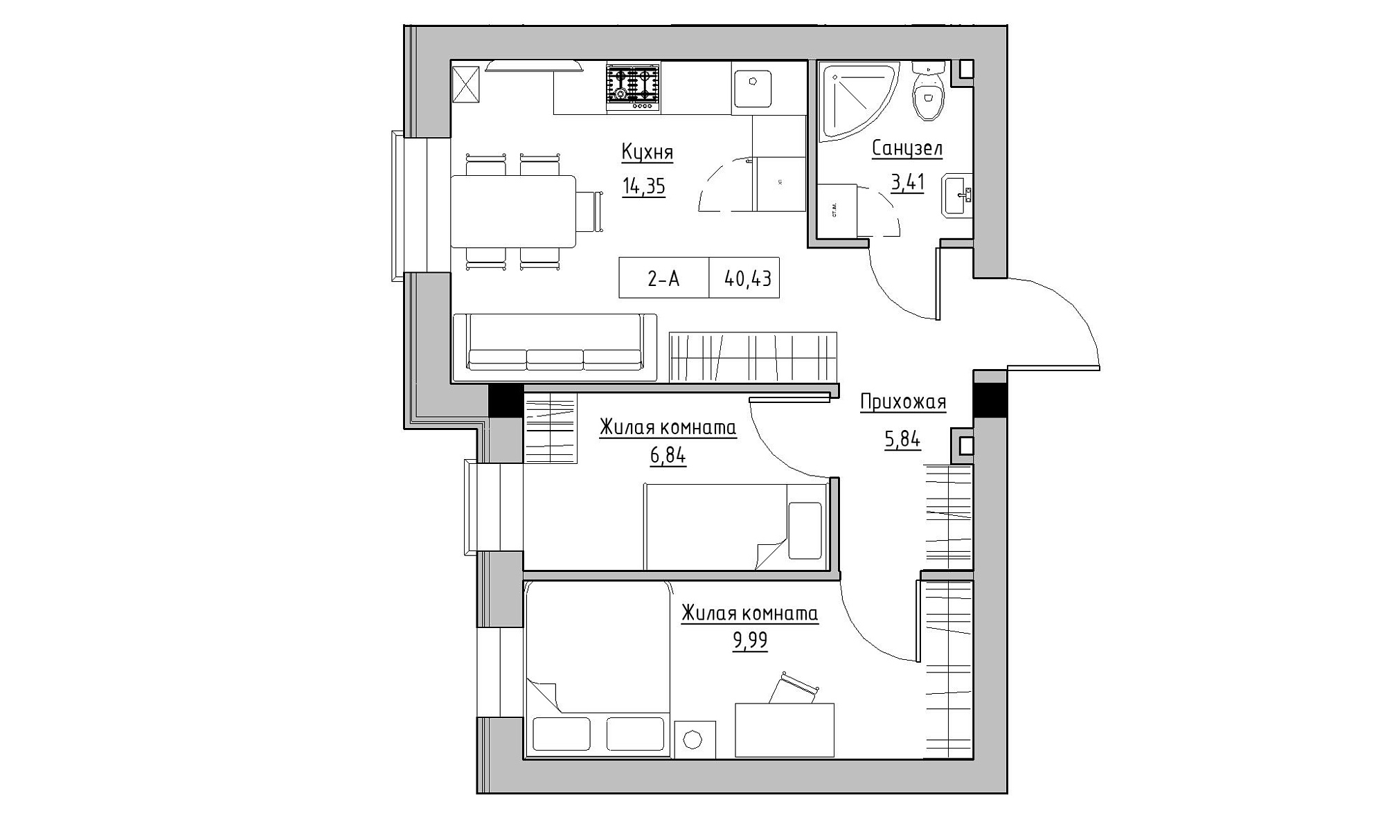 Planning 2-rm flats area 40.43m2, KS-021-01/0004.