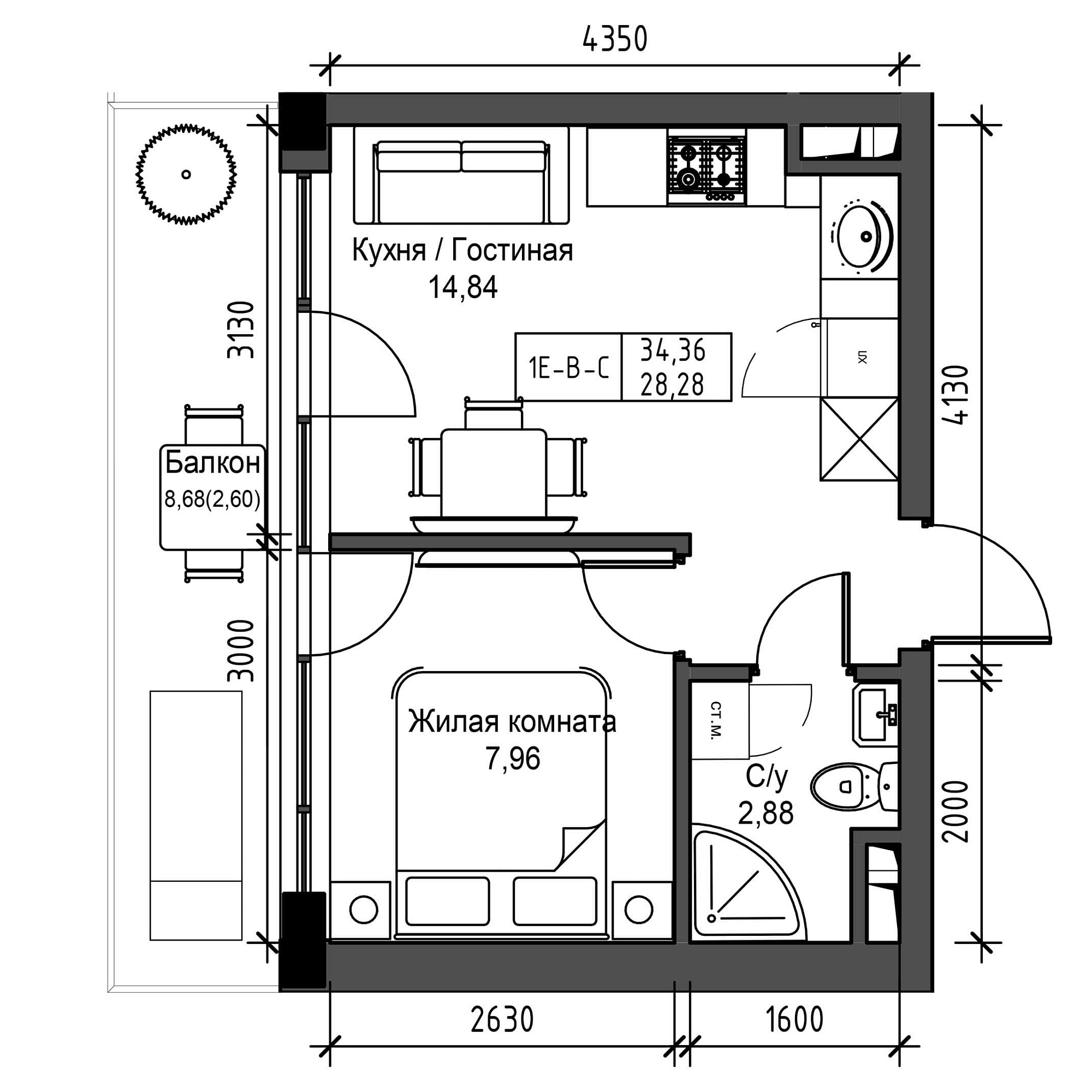 Планування 1-к квартира площею 28.28м2, UM-001-09/0014.