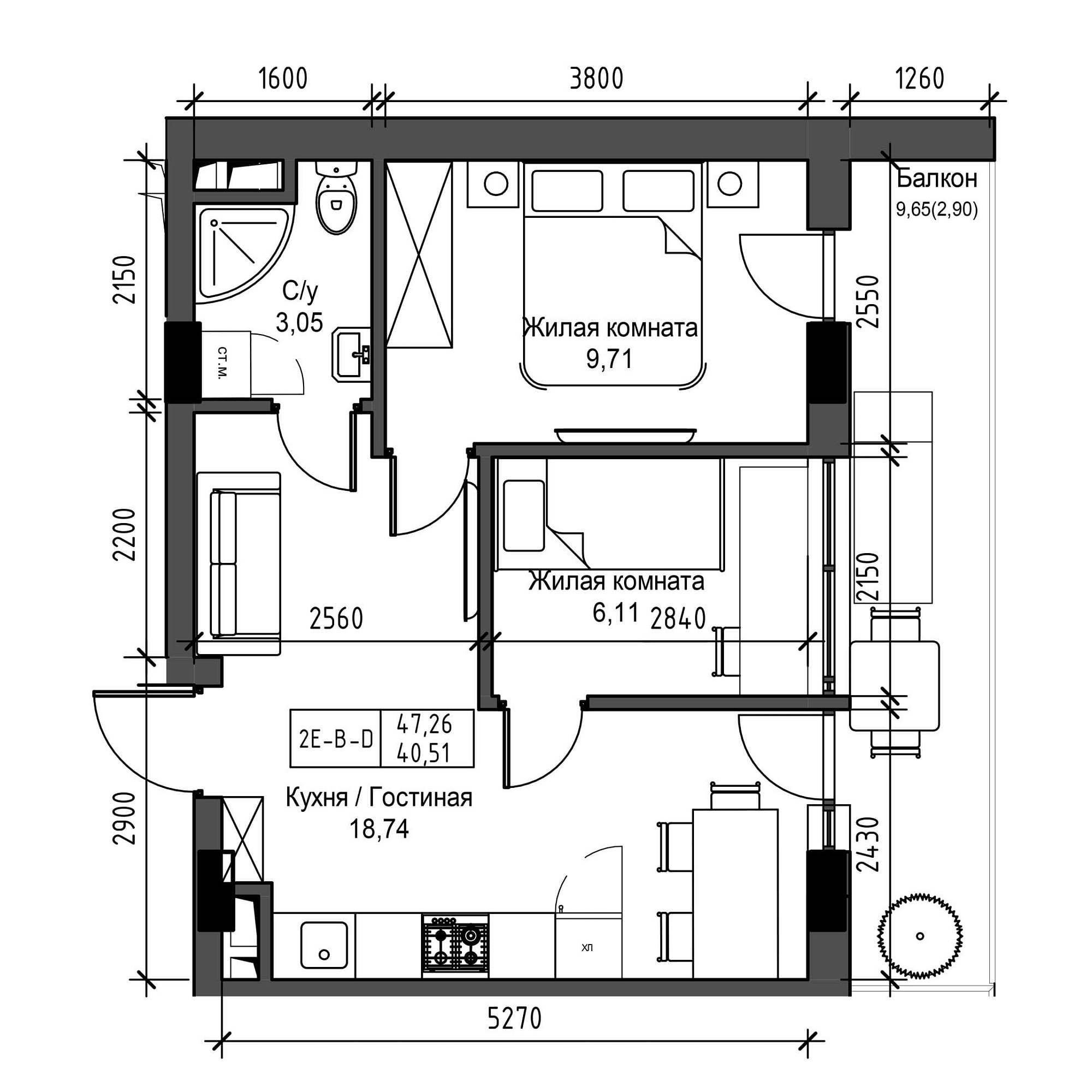 Planning 2-rm flats area 40.51m2, UM-001-05/0021.