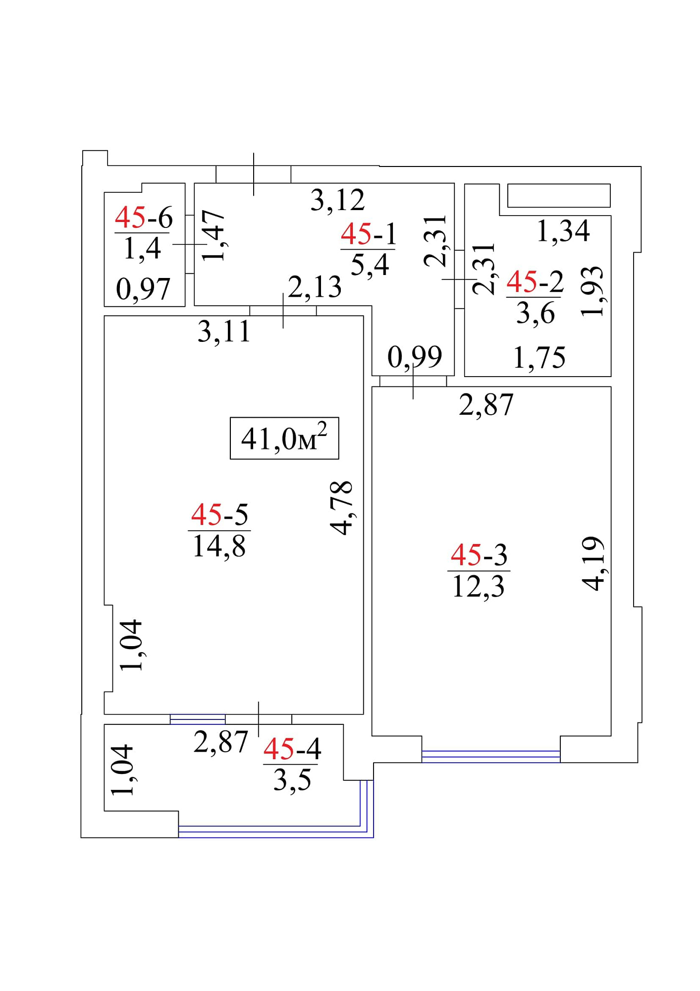 Планування 1-к квартира площею 41м2, AB-01-05/00043.