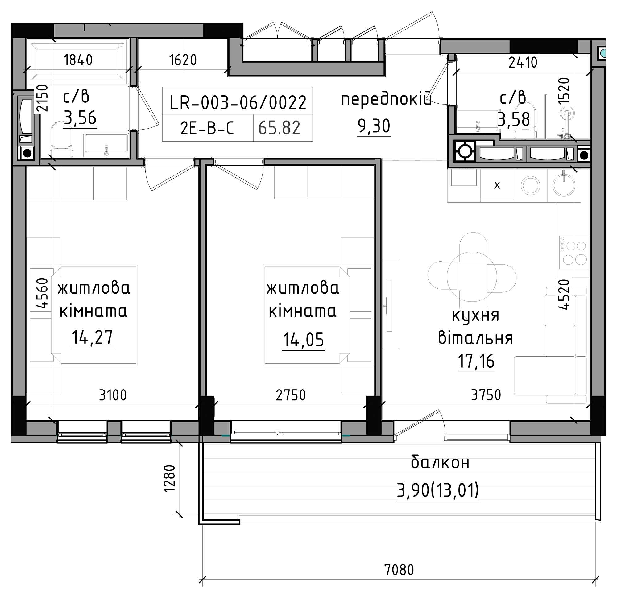 Planning 2-rm flats area 65.82m2, LR-003-06/0022.