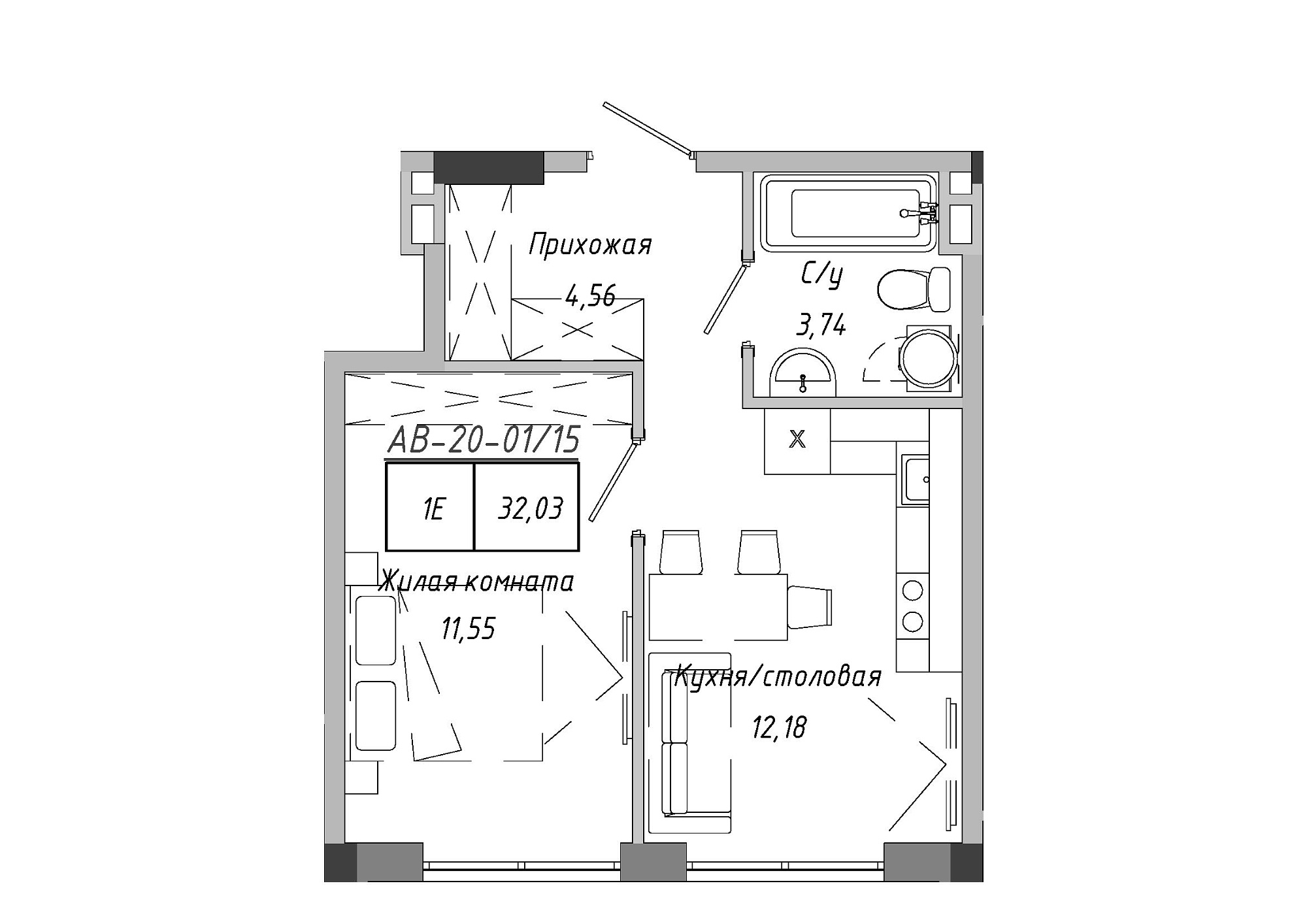 Планування 1-к квартира площею 32.03м2, AB-20-01/00015.