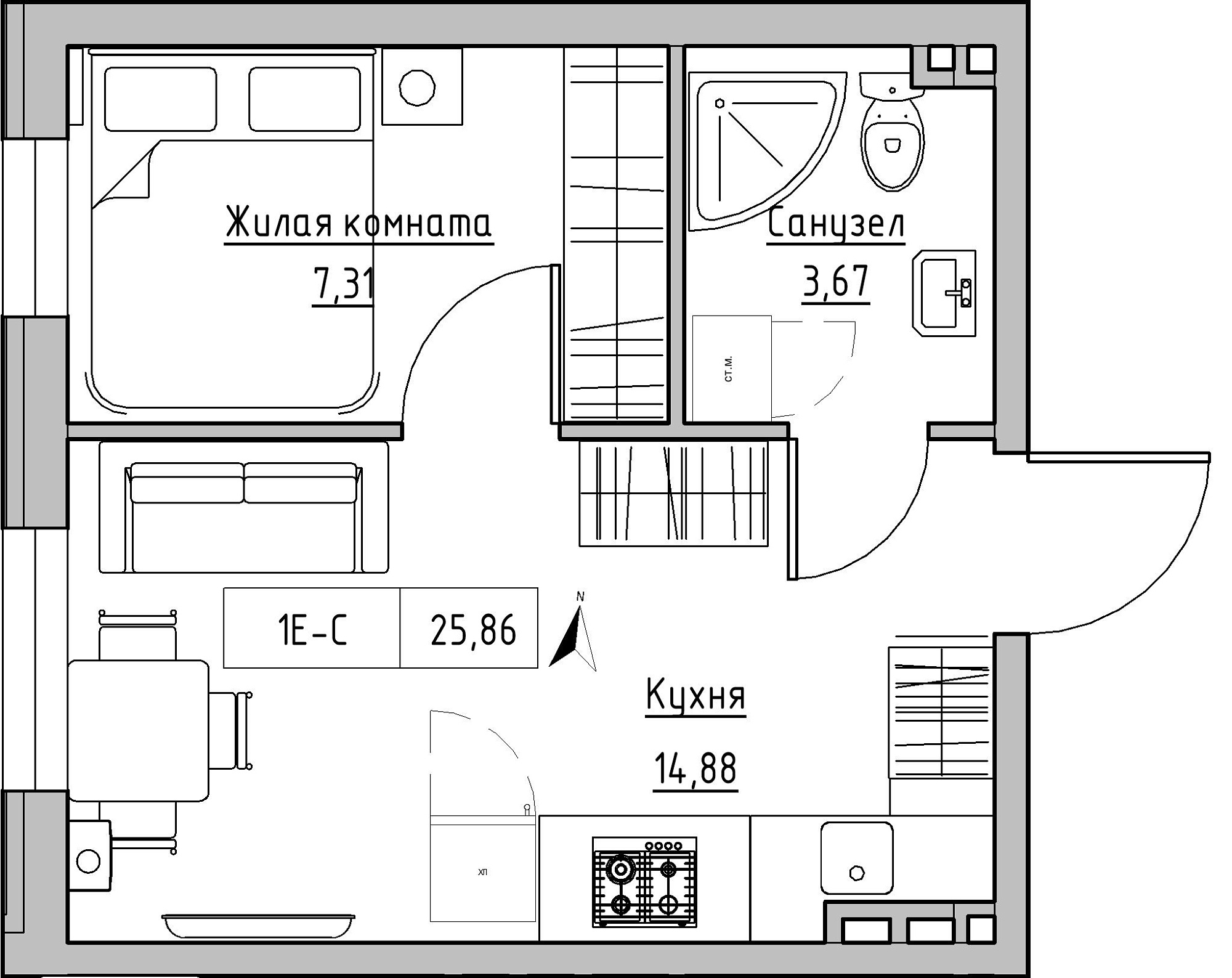 Планировка 1-к квартира площей 25.86м2, KS-024-02/0012.