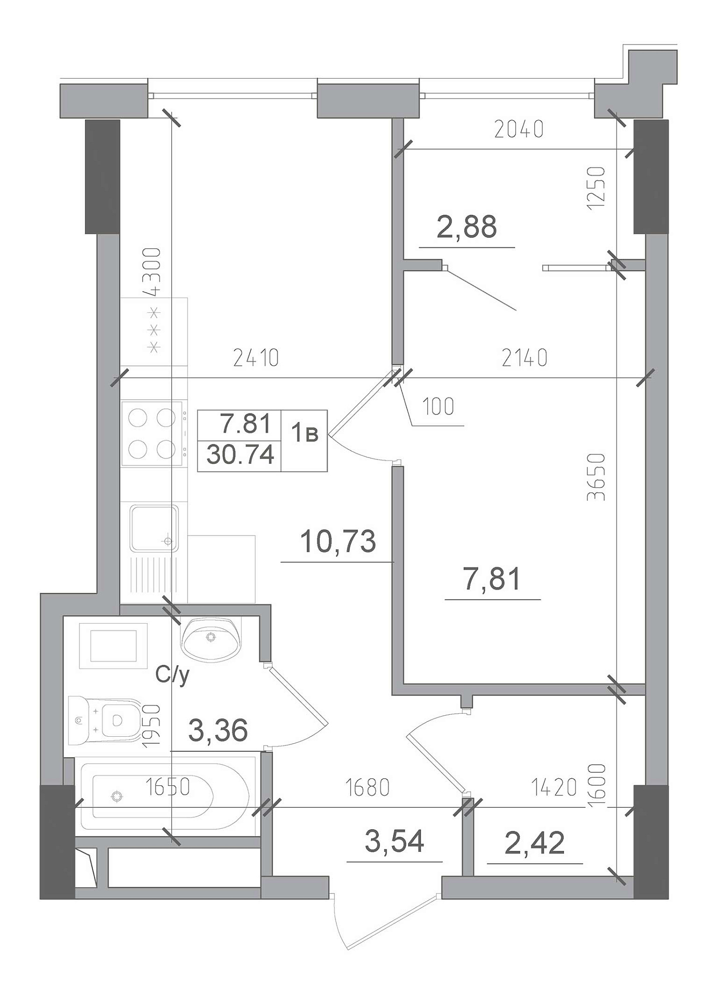 Планировка 1-к квартира площей 30.74м2, AB-22-03/00003.