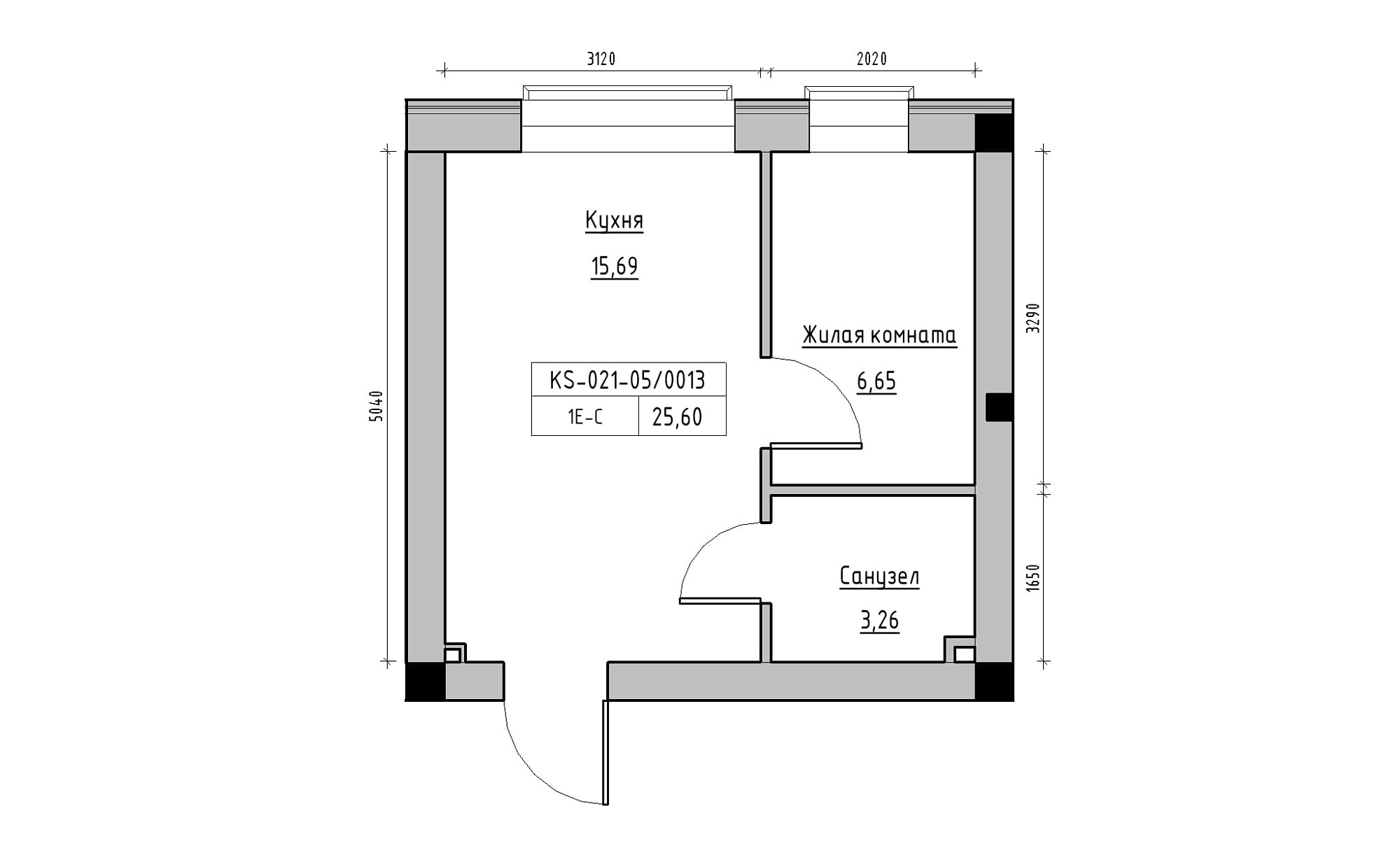 Планировка 1-к квартира площей 25.6м2, KS-021-05/0013.