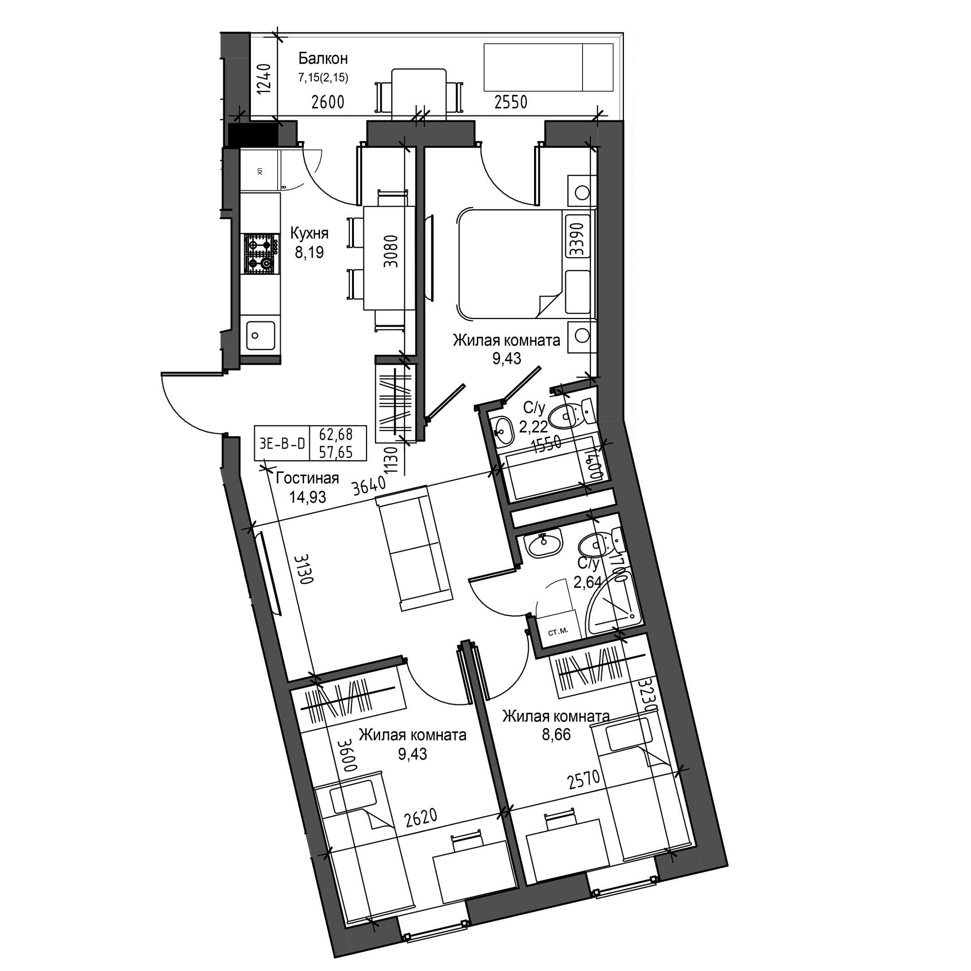 Планировка 3-к квартира площей 57.65м2, UM-001-05/0006.