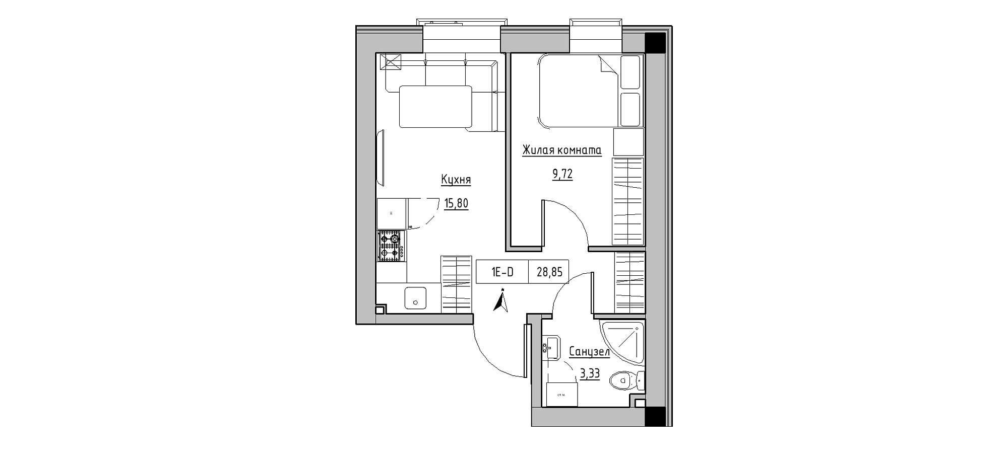 Планування 1-к квартира площею 28.85м2, KS-020-02/0002.