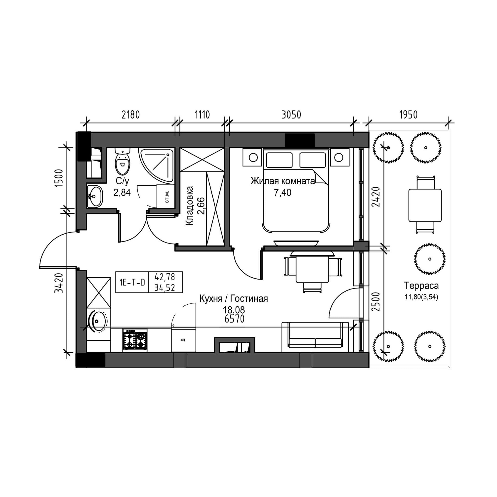 Планування 1-к квартира площею 34.52м2, UM-001-03/0003.