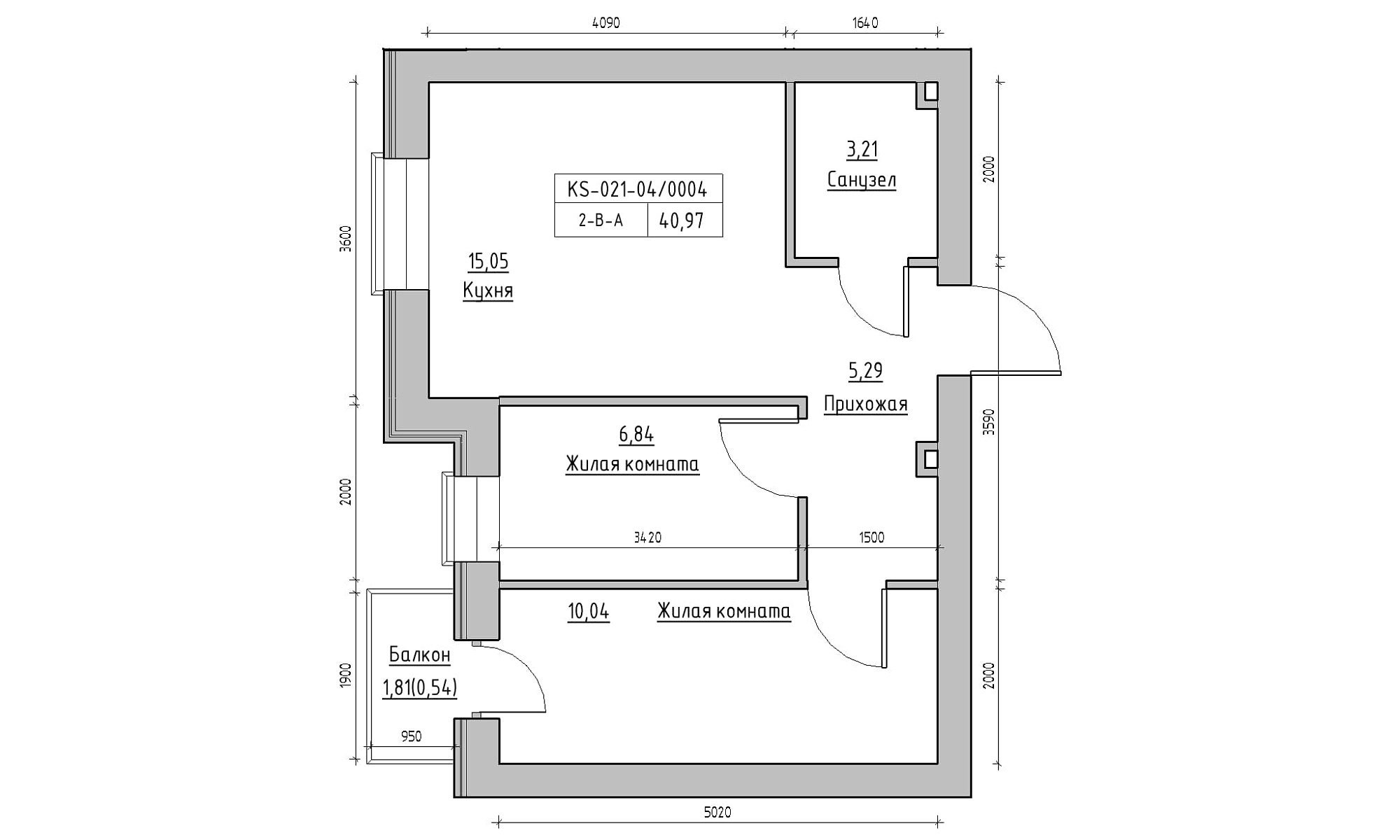 Planning 2-rm flats area 40.97m2, KS-021-04/0004.
