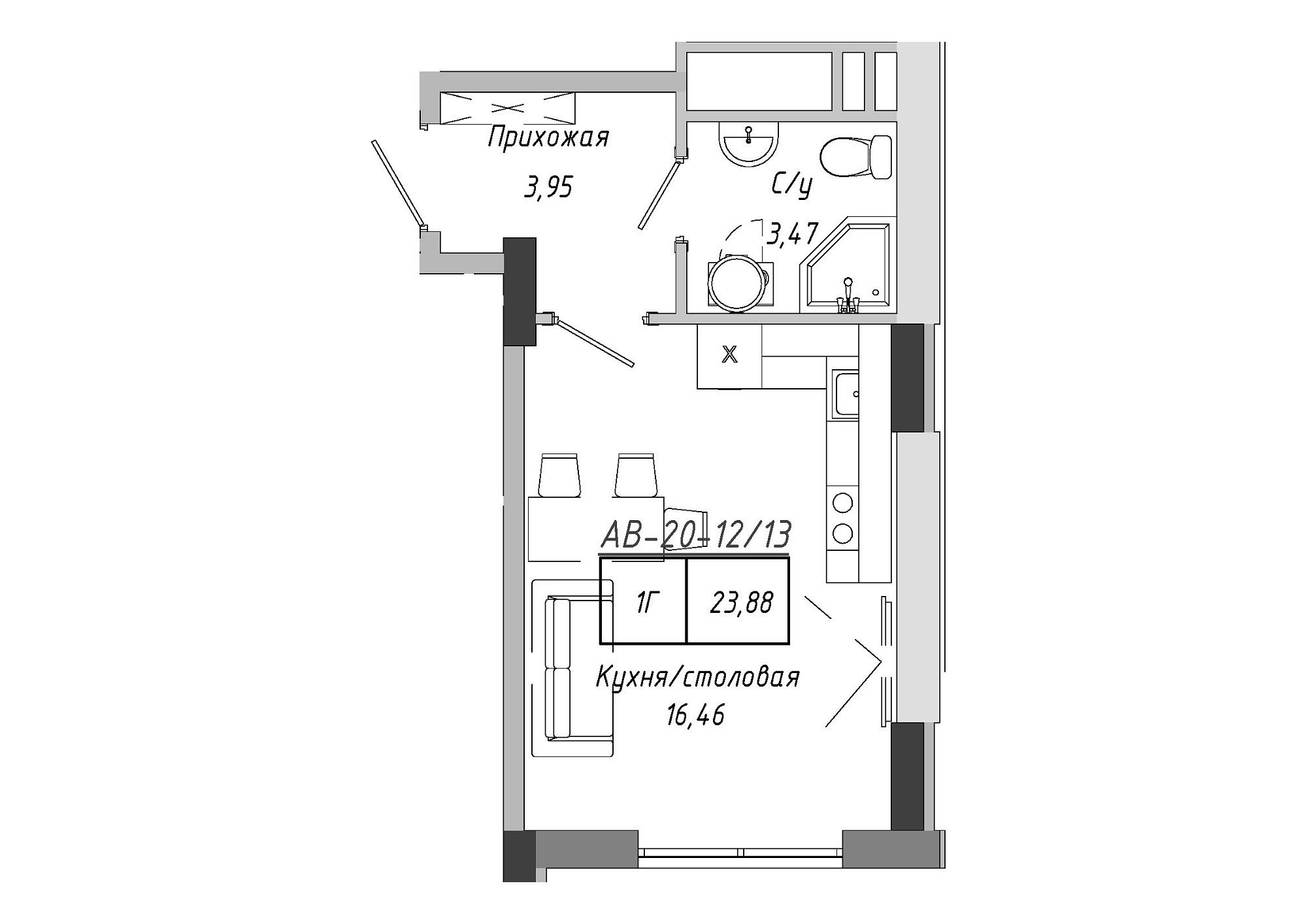 Планування Smart-квартира площею 23.4м2, AB-20-12/00013.