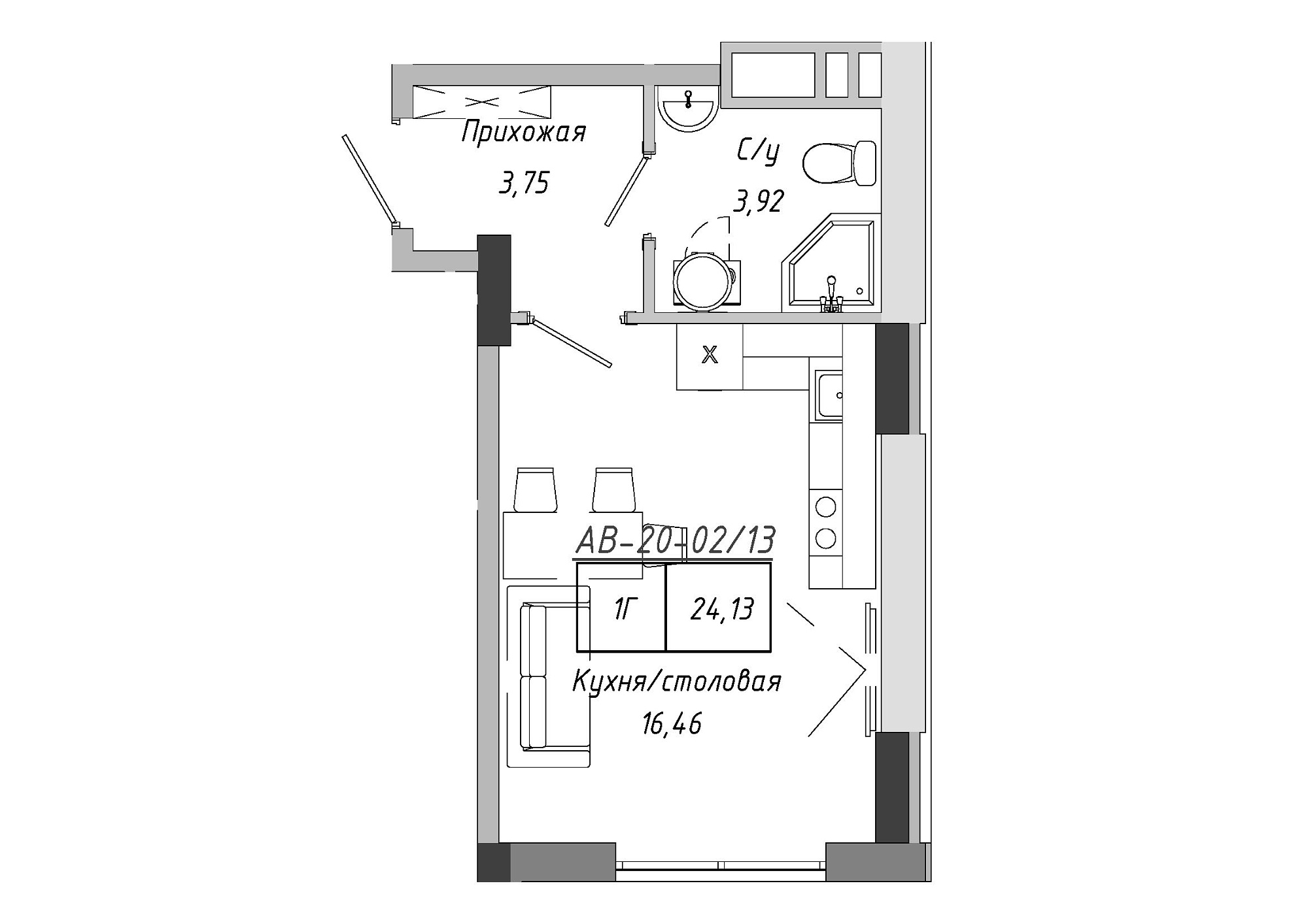 Планування Smart-квартира площею 23.4м2, AB-20-02/00013.