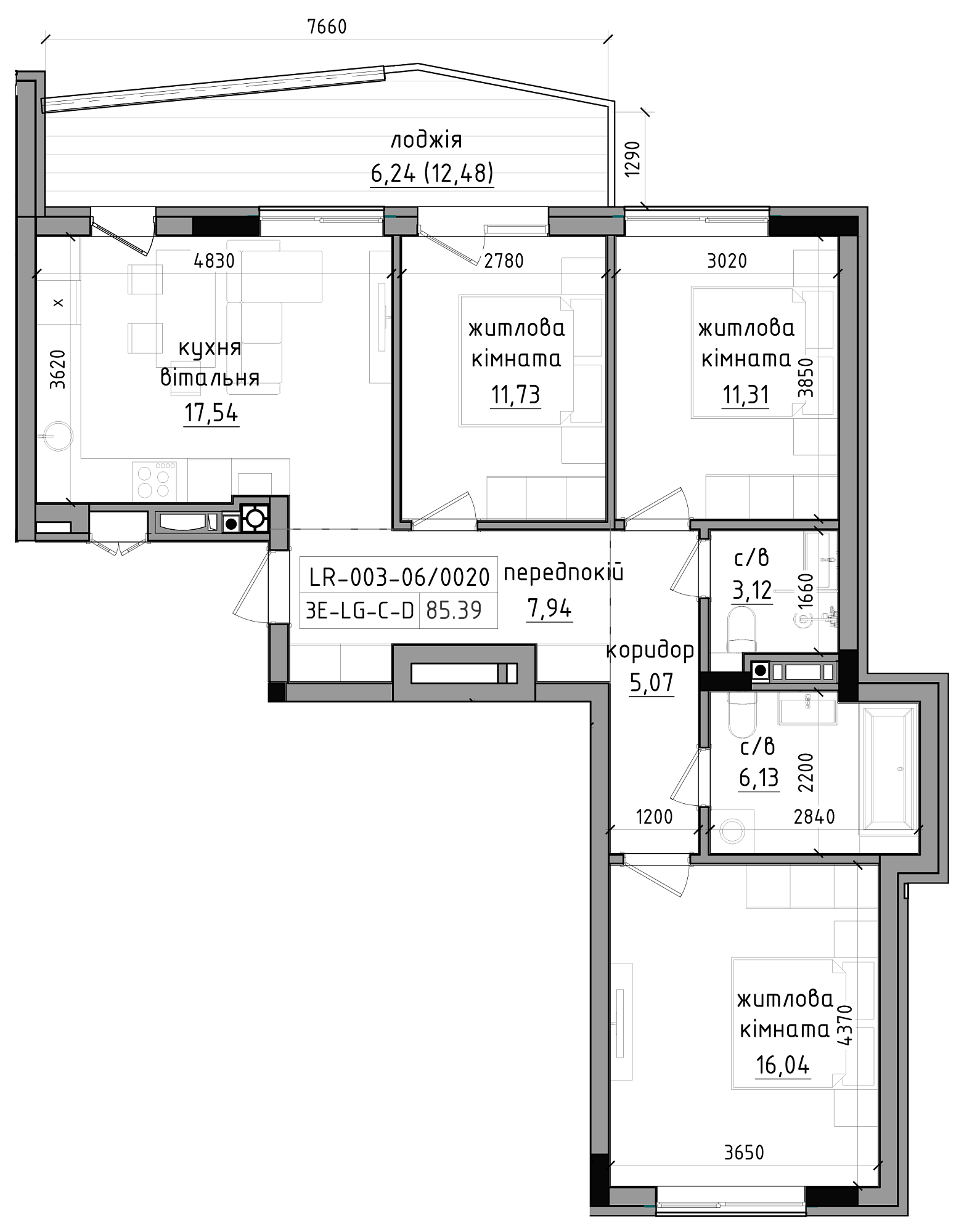 Planning 3-rm flats area 85.39m2, LR-003-06/0020.