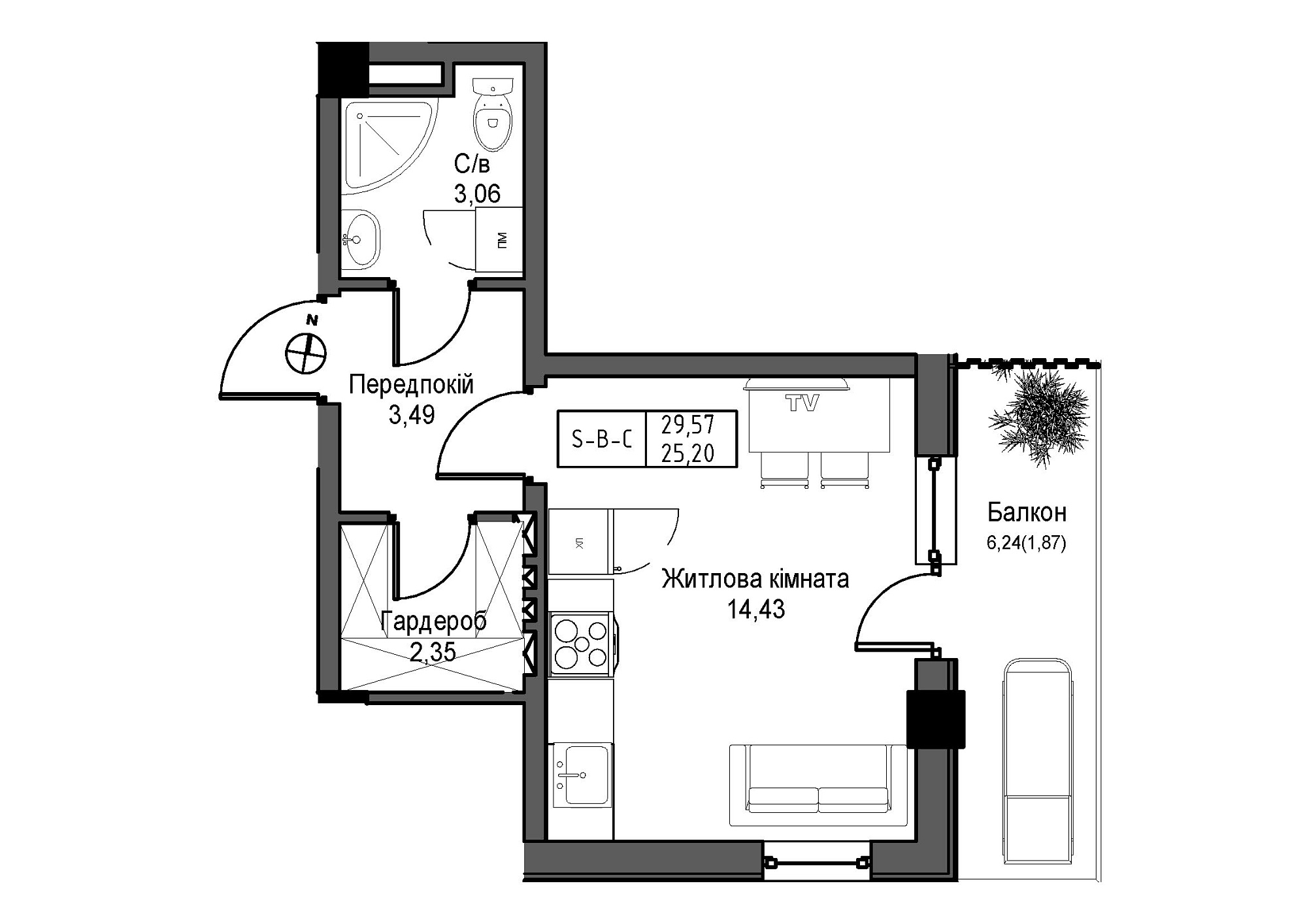 Планування Smart-квартира площею 25.2м2, UM-007-09/0008.