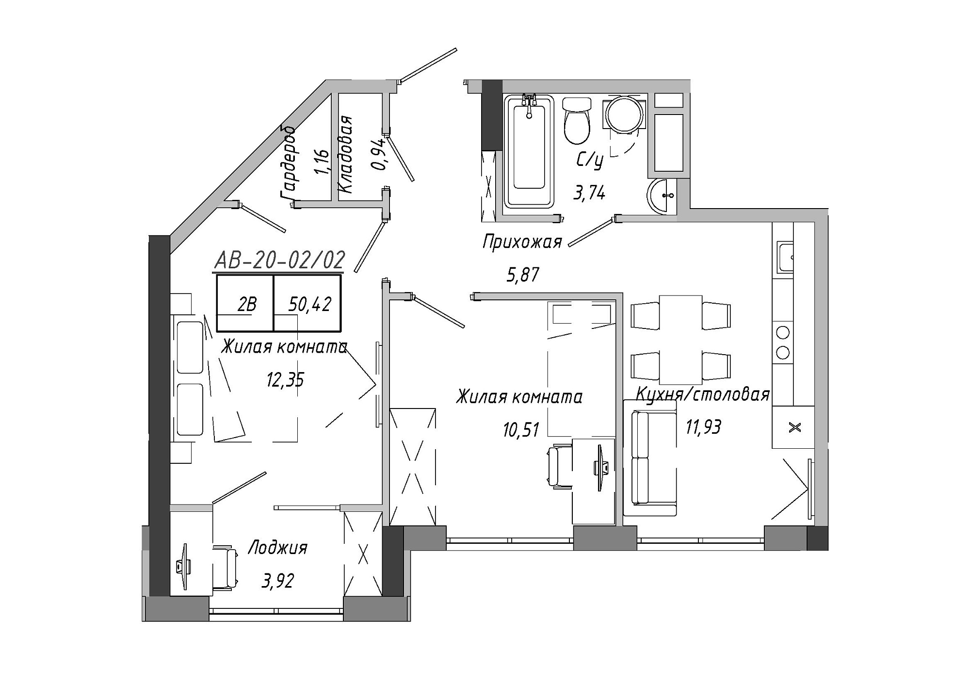 Планировка 2-к квартира площей 50.42м2, AB-20-02/00002.