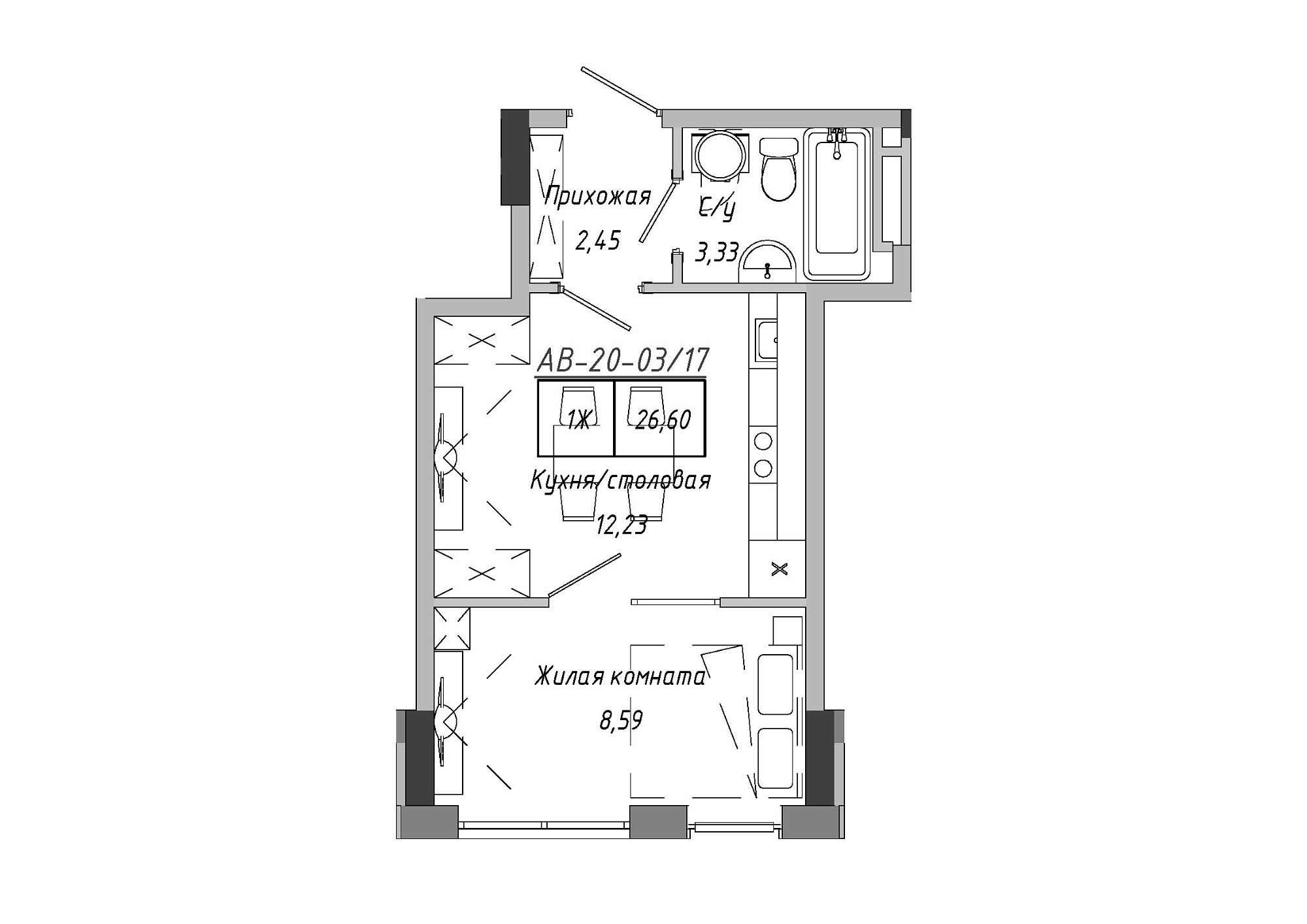 Планировка 1-к квартира площей 26.6м2, AB-20-03/00017.
