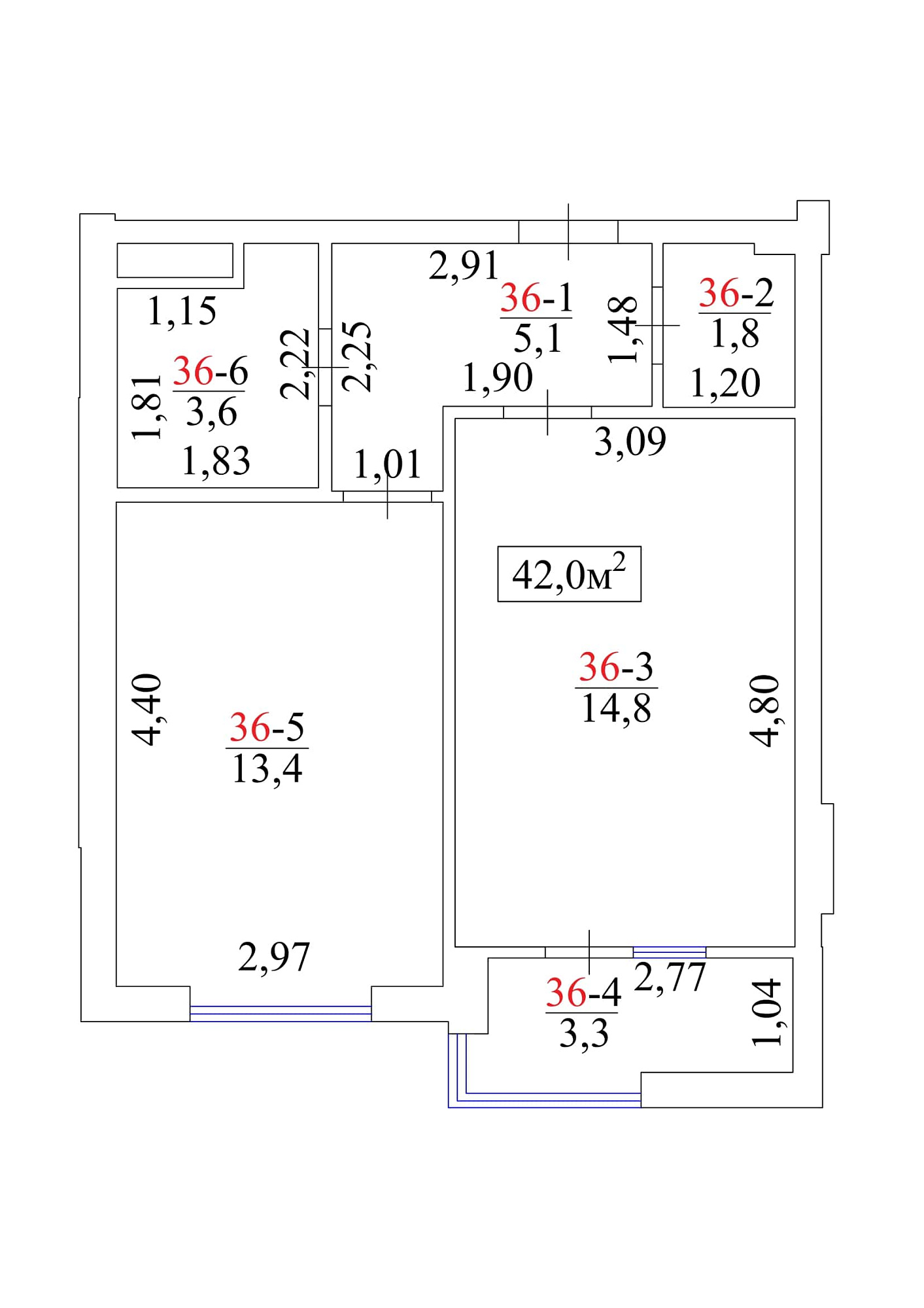 Планировка 1-к квартира площей 42м2, AB-01-04/00035.
