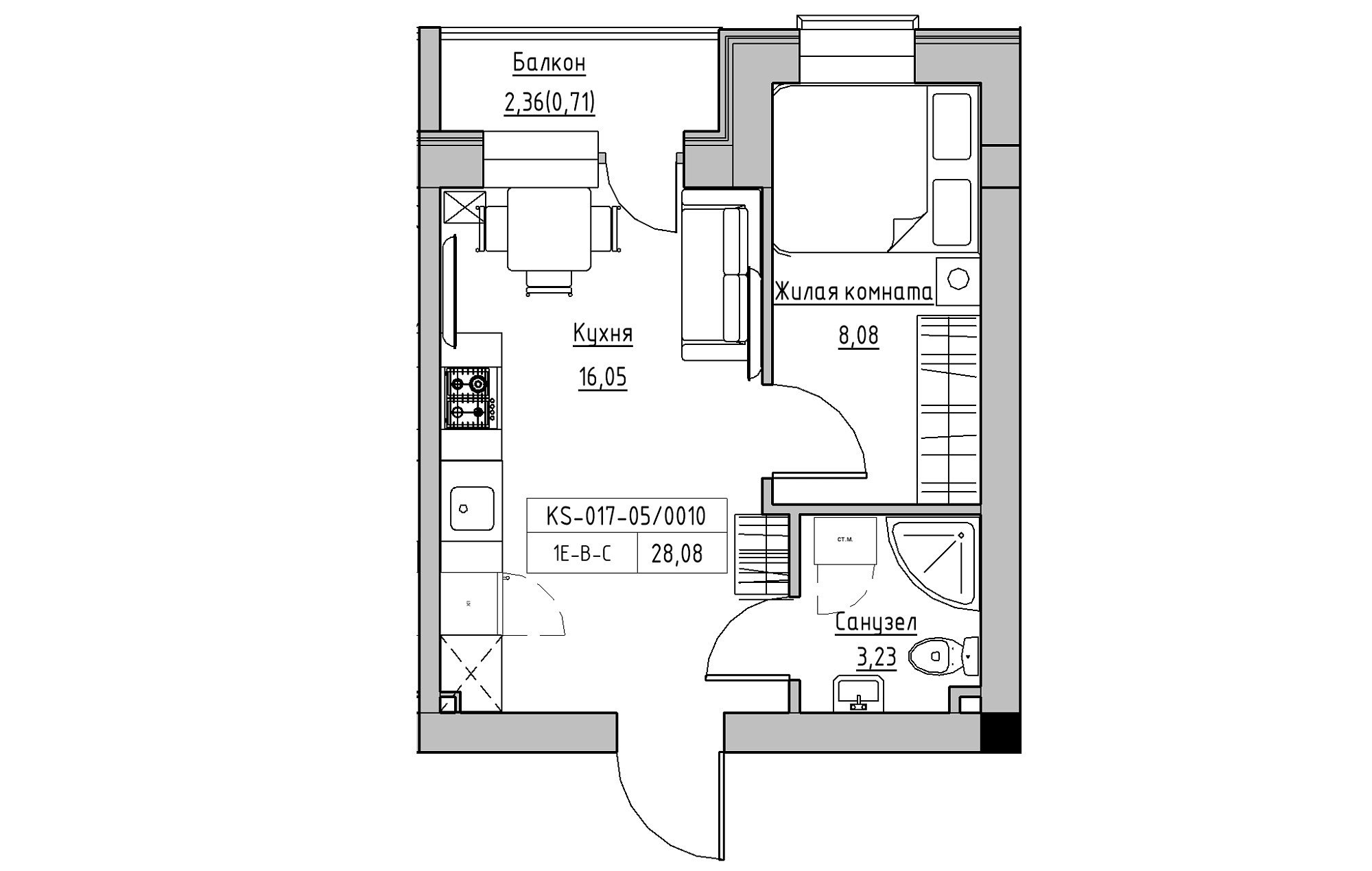 Планування 1-к квартира площею 28.08м2, KS-017-05/0010.