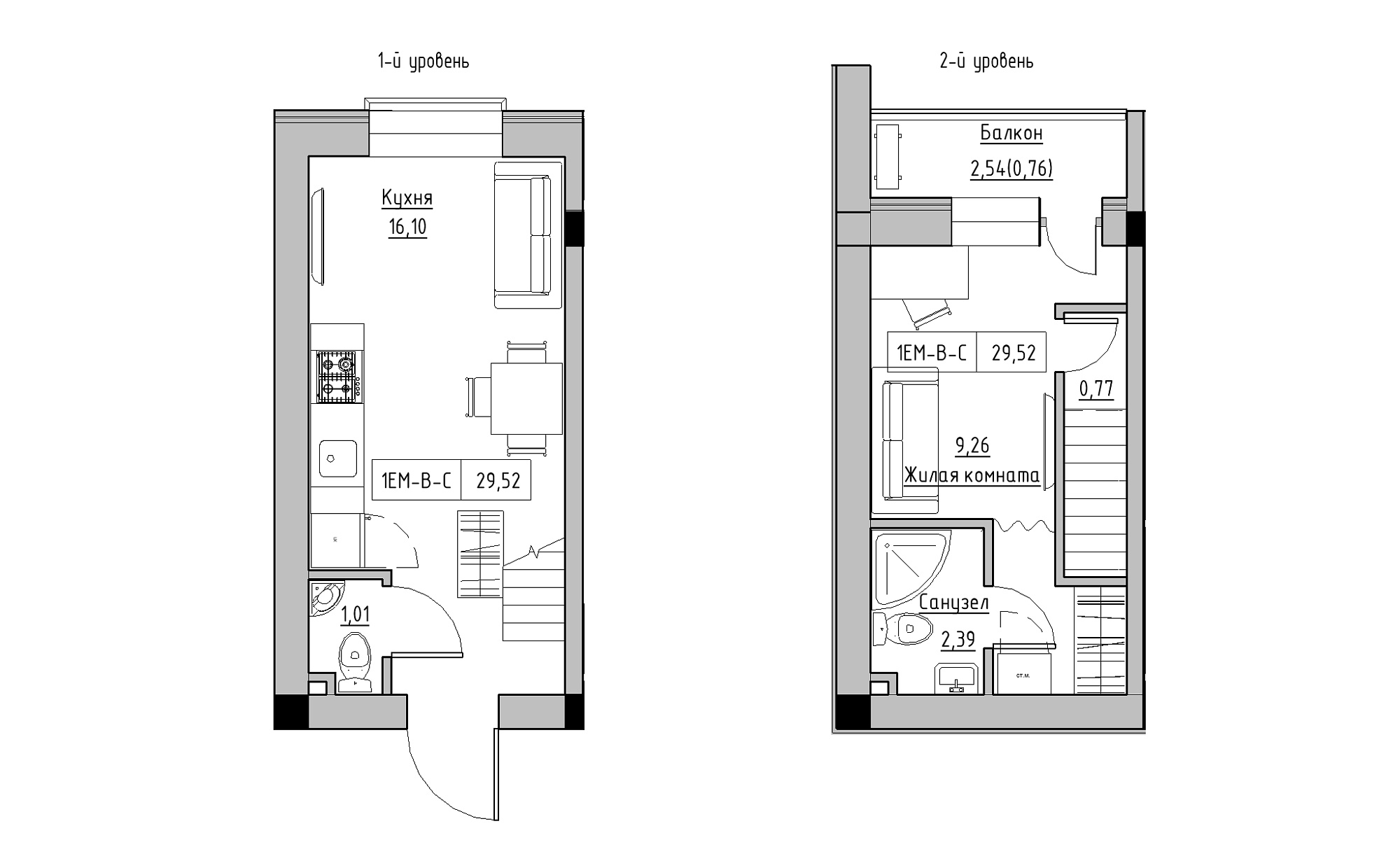 Planning 2-lvl flats area 29.52m2, KS-022-05/0009.
