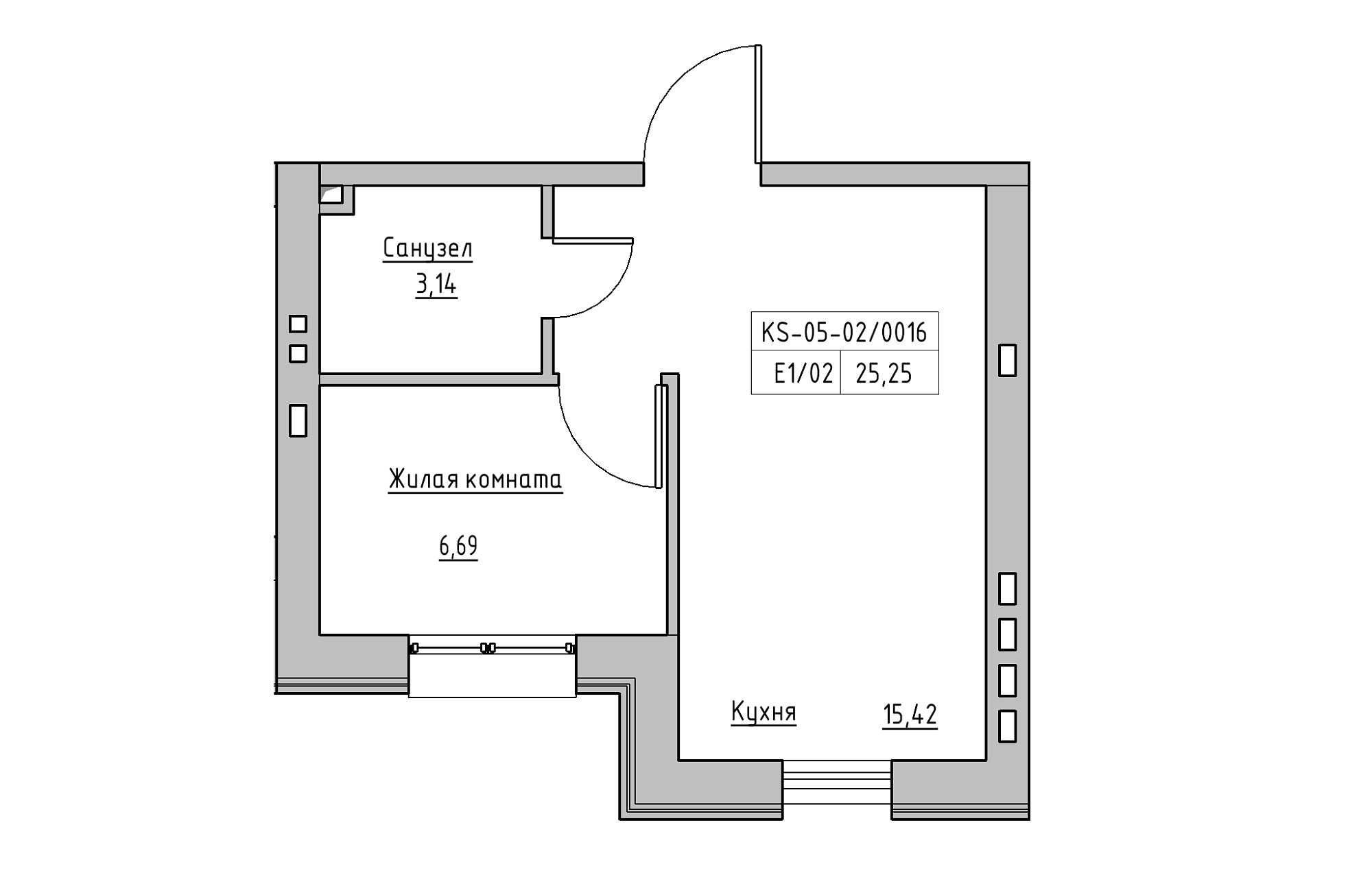 Planning 1-rm flats area 25.25m2, KS-005-05/0016.