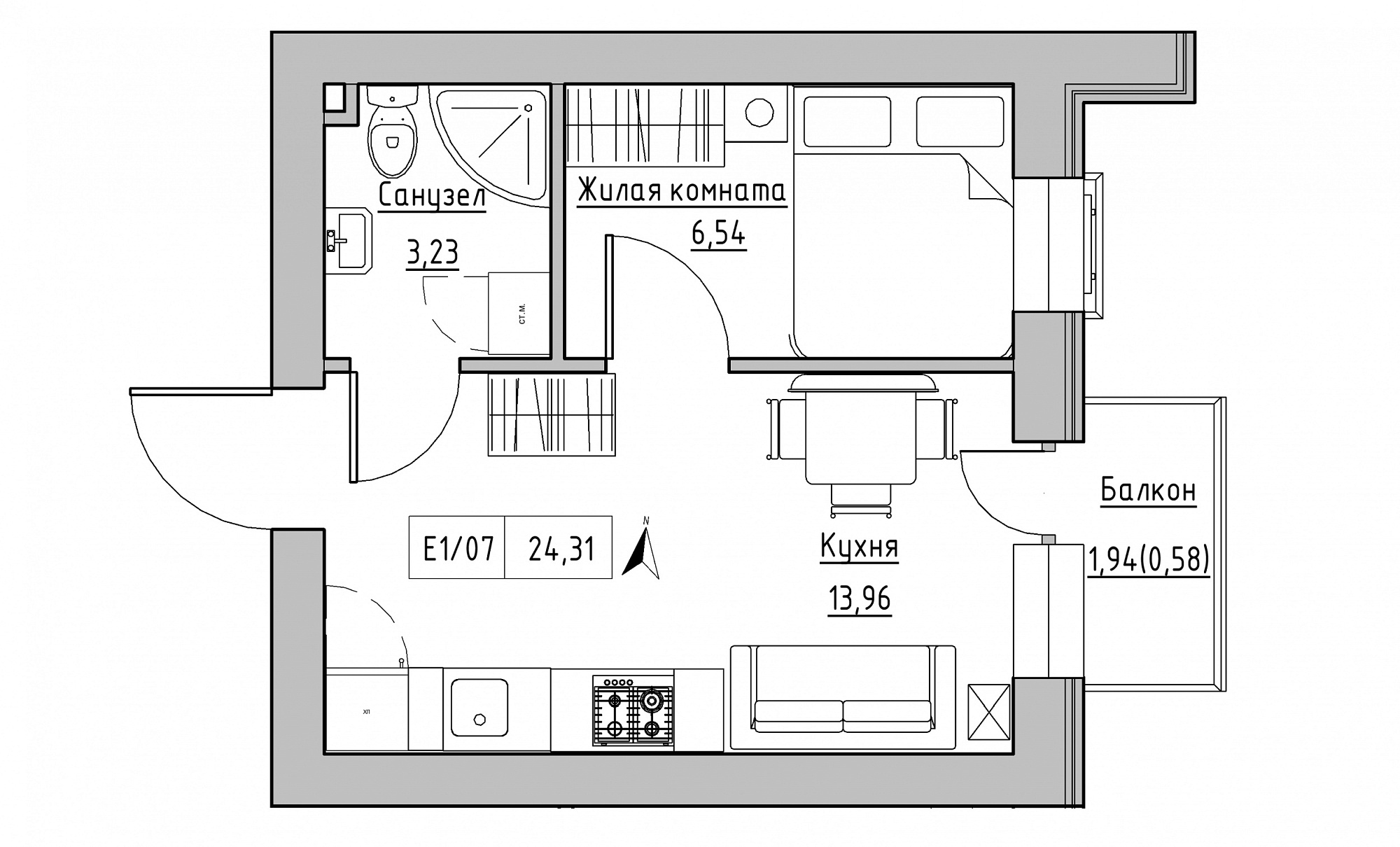 Планування 1-к квартира площею 24.31м2, KS-015-03/0007.