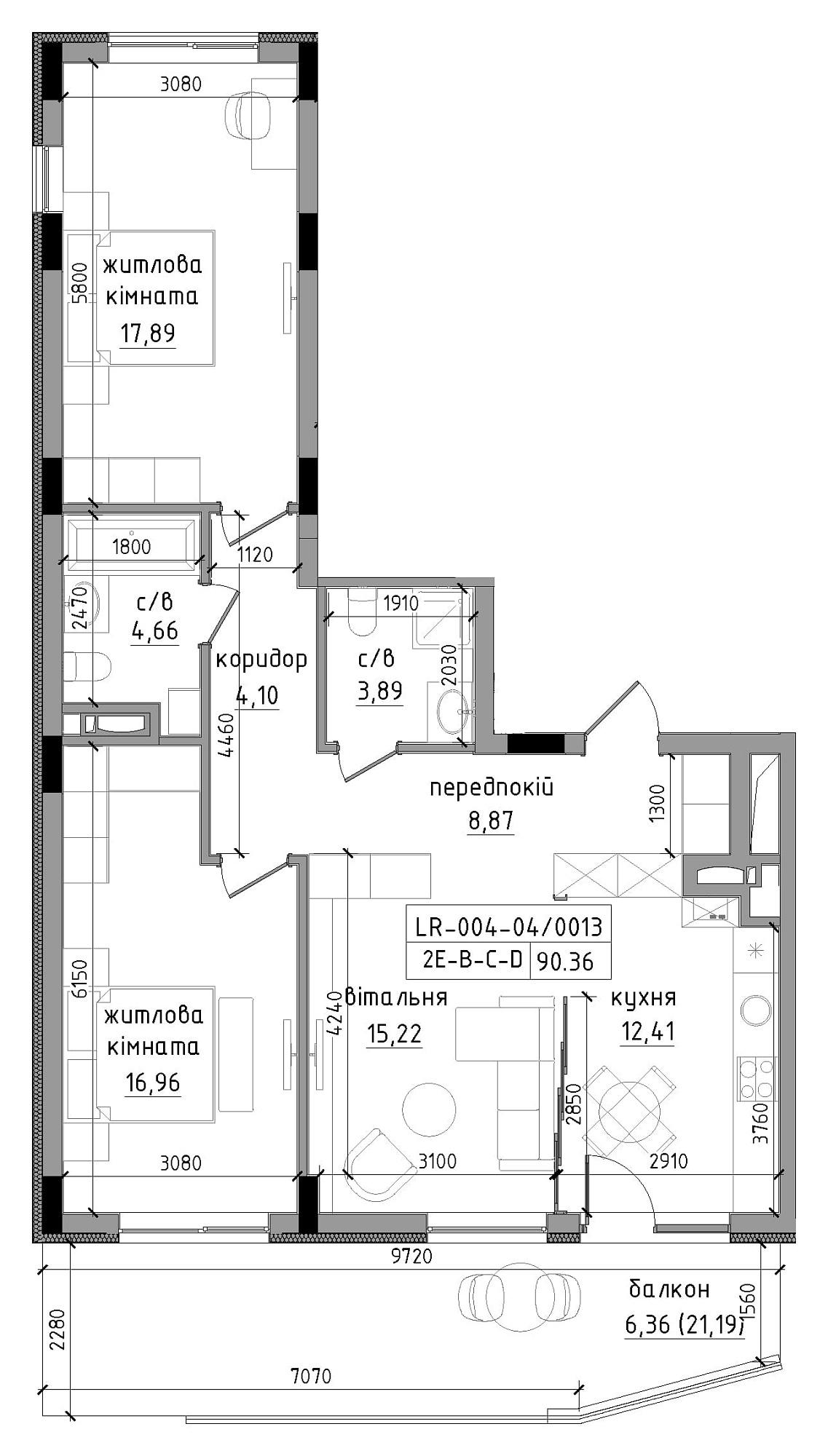 Planning 2-rm flats area 90.36m2, LR-004-04/0013.