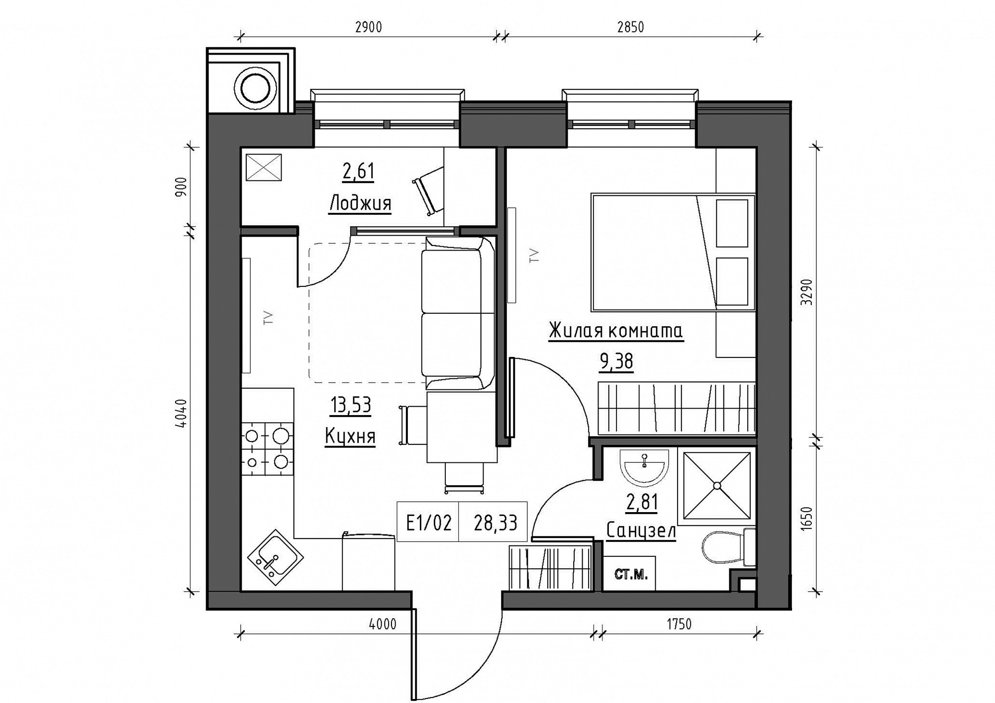 Планування 1-к квартира площею 28.33м2, KS-011-01/0015.