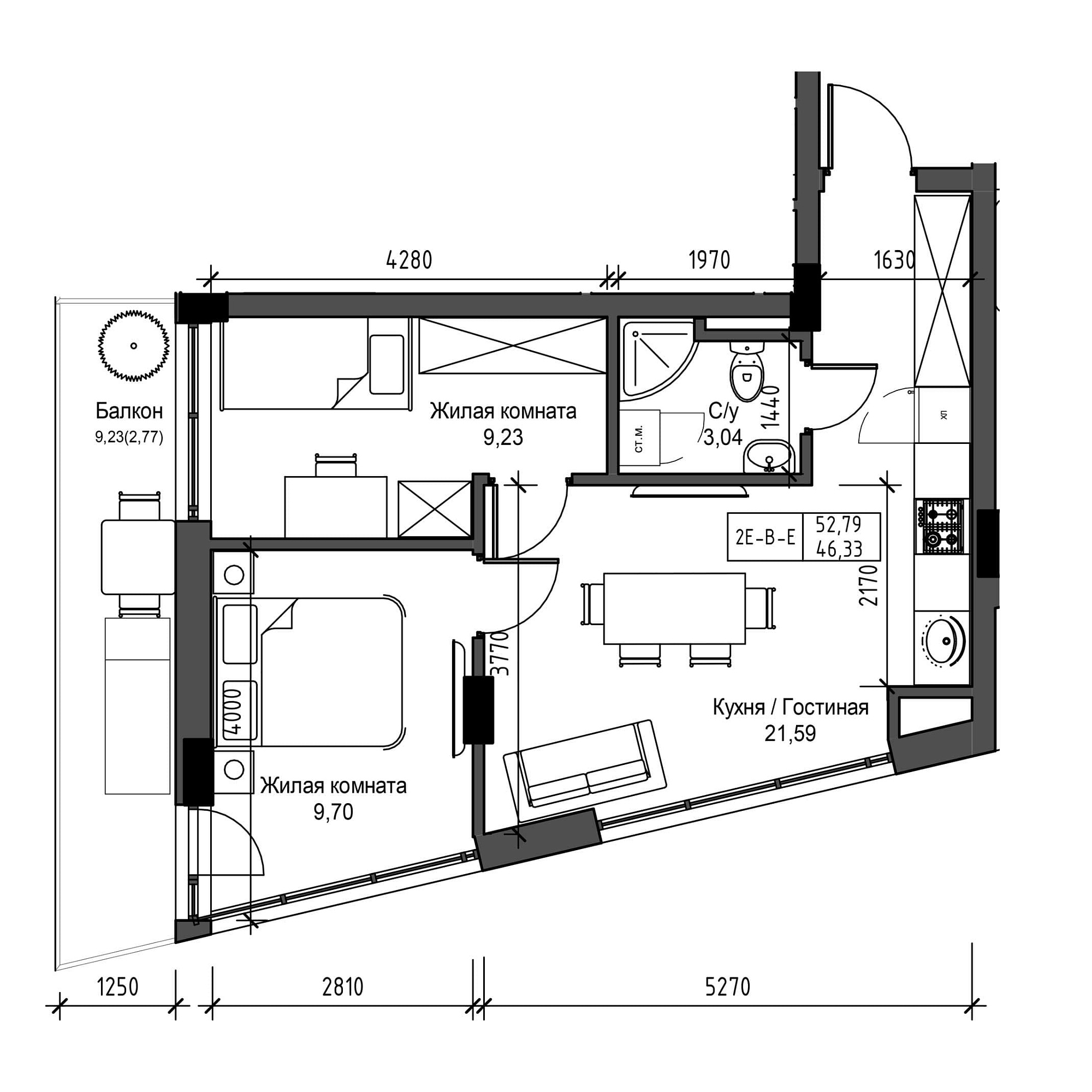Планування 2-к квартира площею 46.33м2, UM-001-05/0009.
