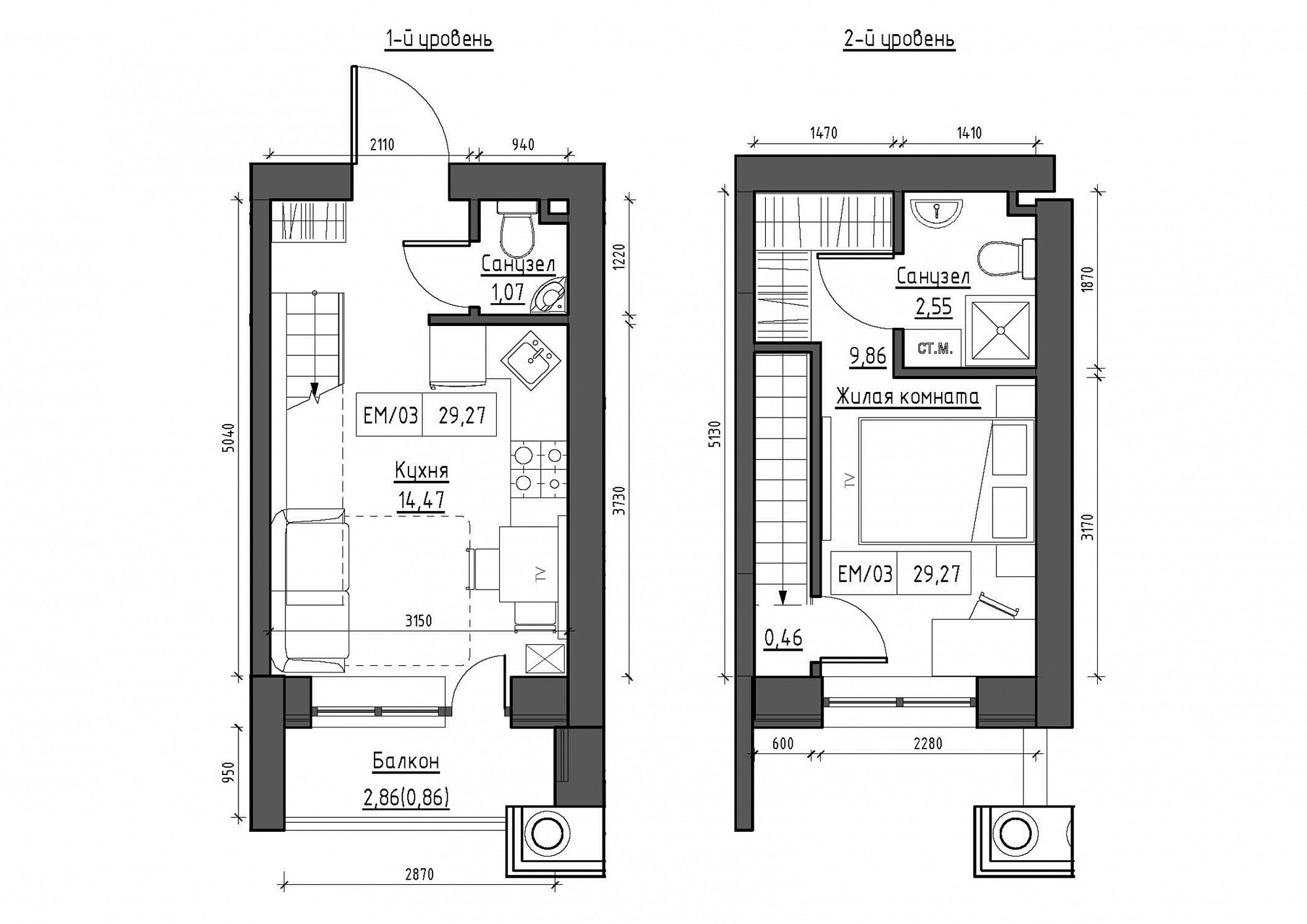 Planning 2-lvl flats area 29.27m2, KS-011-05/0013.