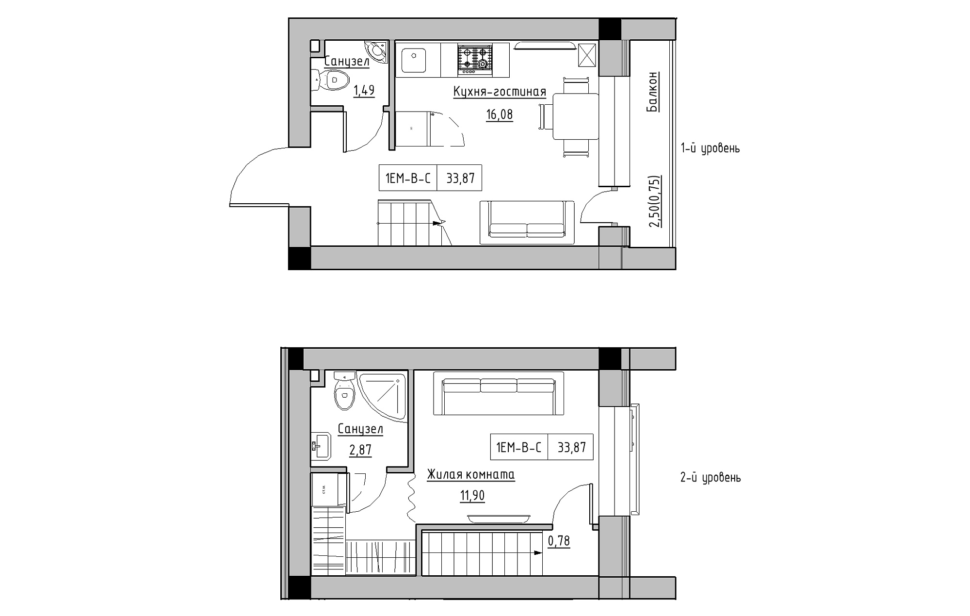 Planning 2-lvl flats area 33.87m2, KS-018-05/0012.