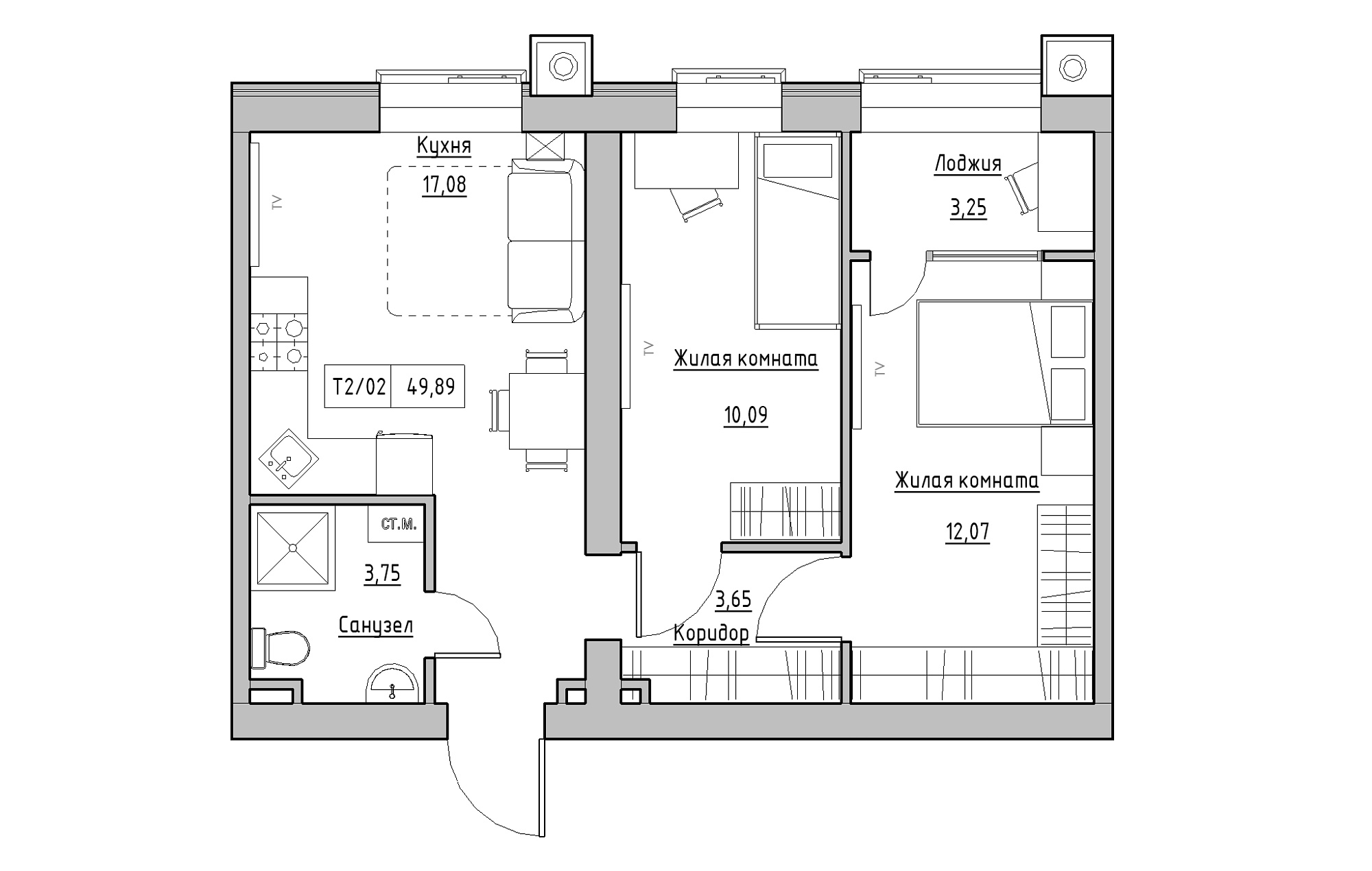 Planning 2-rm flats area 49.89m2, KS-013-01/0007.