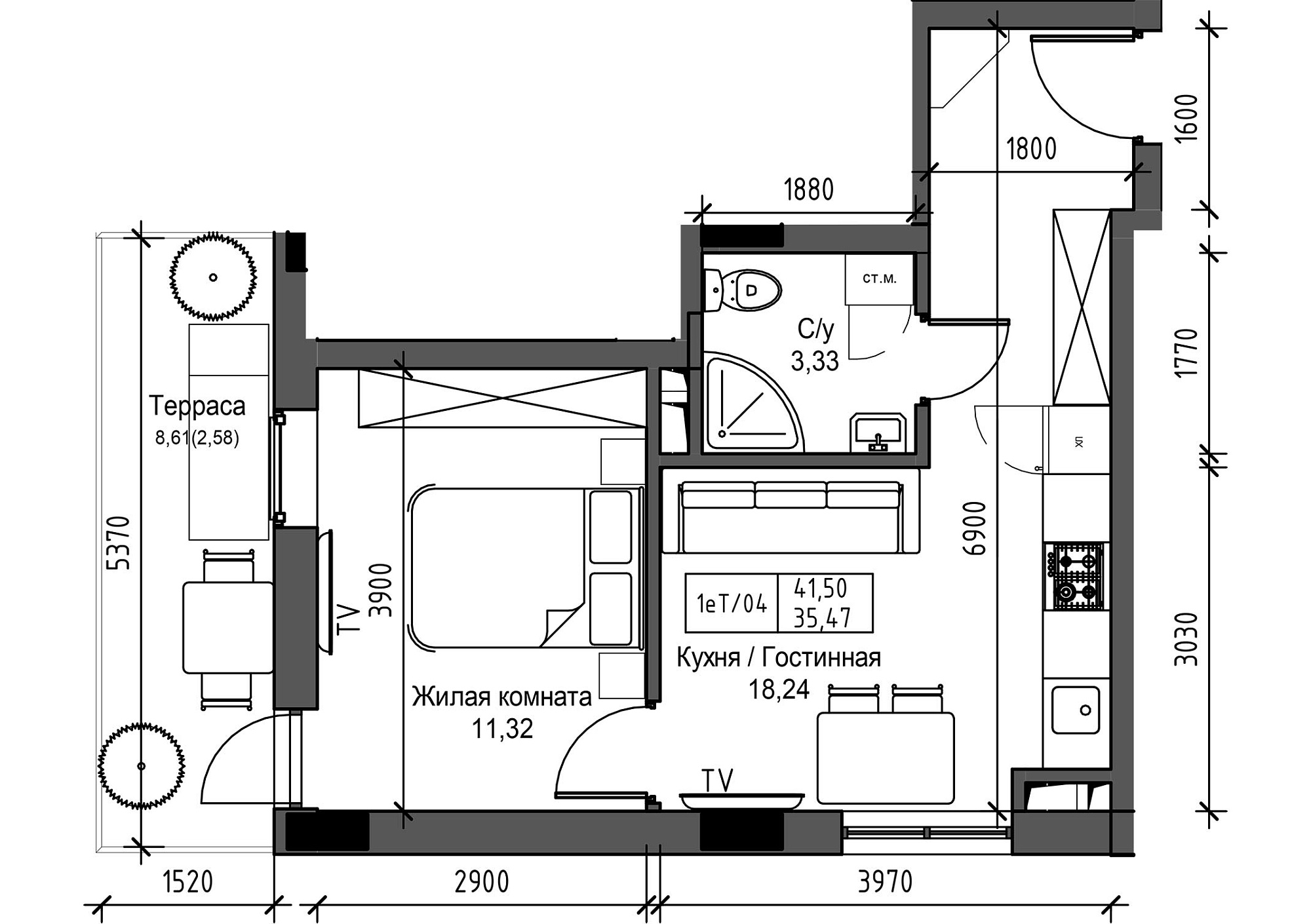 Планування 1-к квартира площею 35.47м2, UM-003-03/0008.