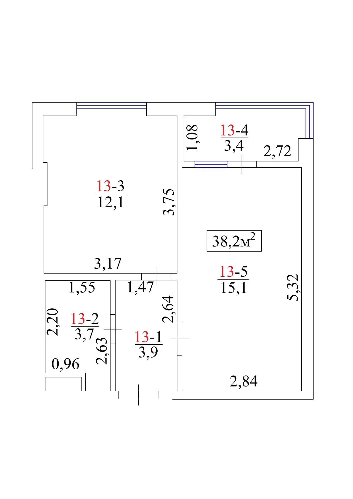 Планировка 1-к квартира площей 38.2м2, AB-01-02/0015а.
